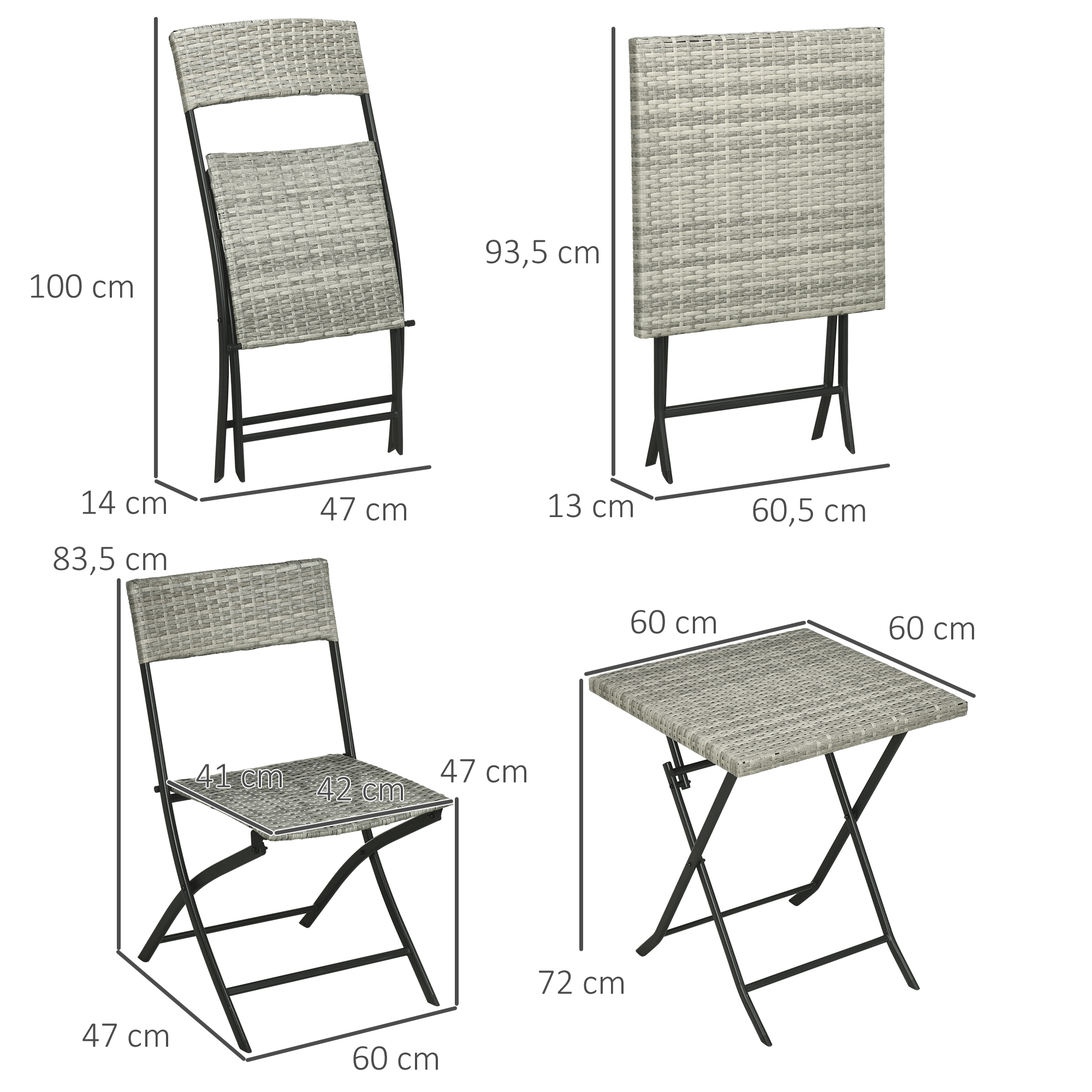 3-tlg, Gartensitzgruppe, 2 Klappstühle, 1 Klapptisch, Rattanoptik, Metallrahmen, hellgrau