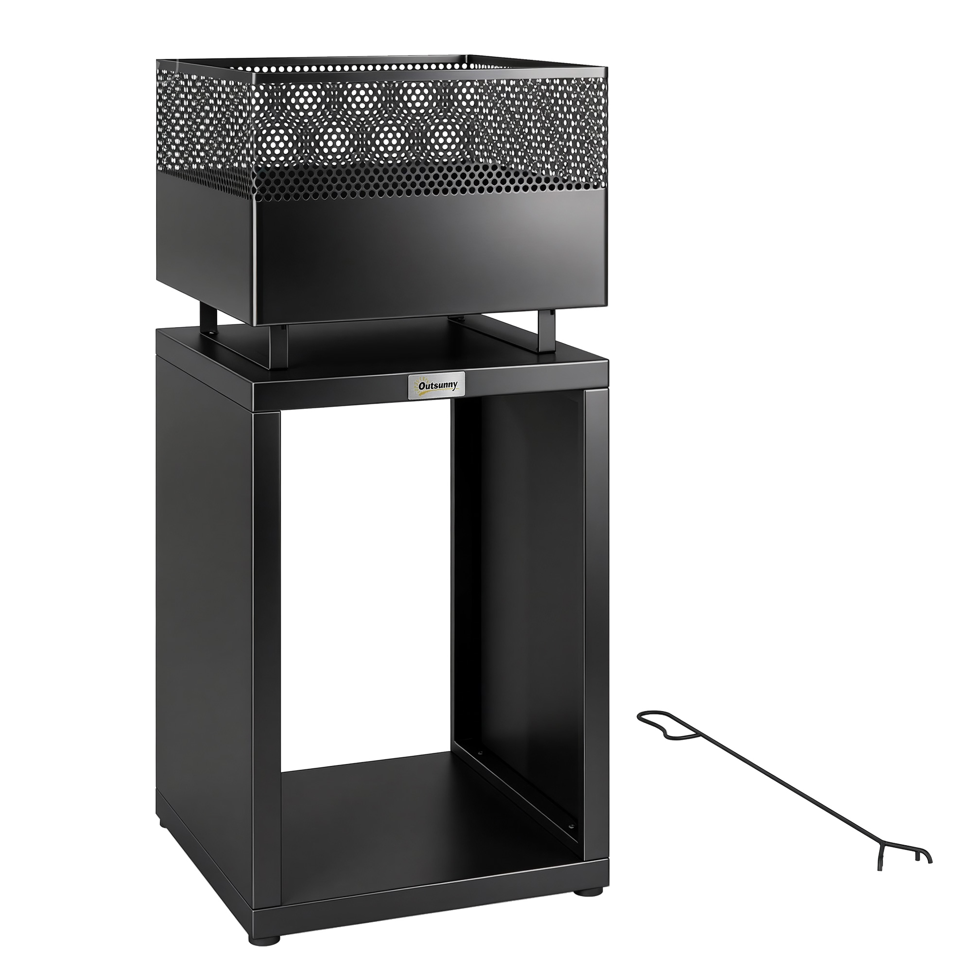 Feuerschale 39 x 39 x 87 cm Feuerstelle mit Holzlager Kohlegitter verstellbaren Füßen, Schwarz