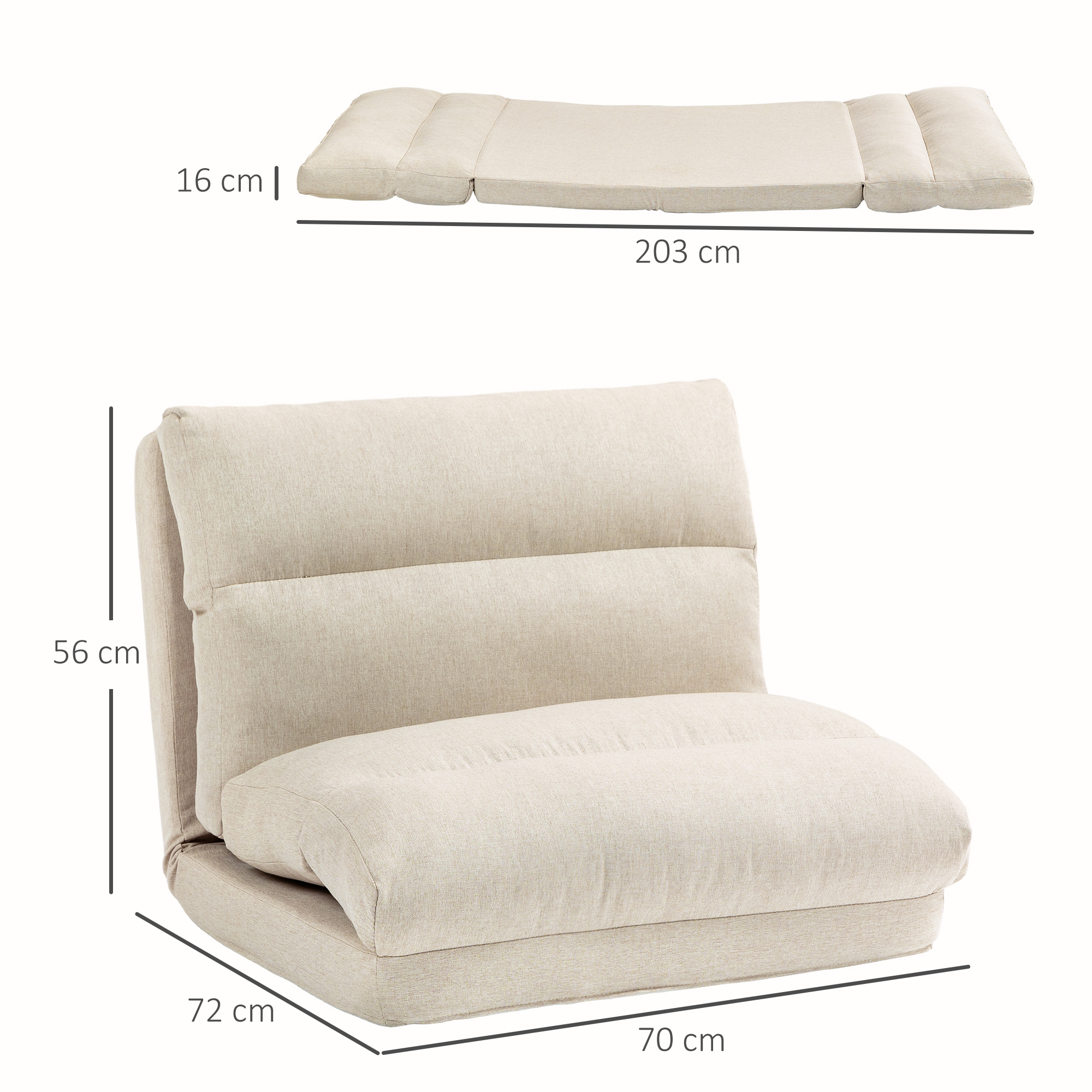Sitzsack mit Bettfunktion, neigbare Lehne, klappbar, bis 120kg, 70 x 72 x 56 cm, Beige