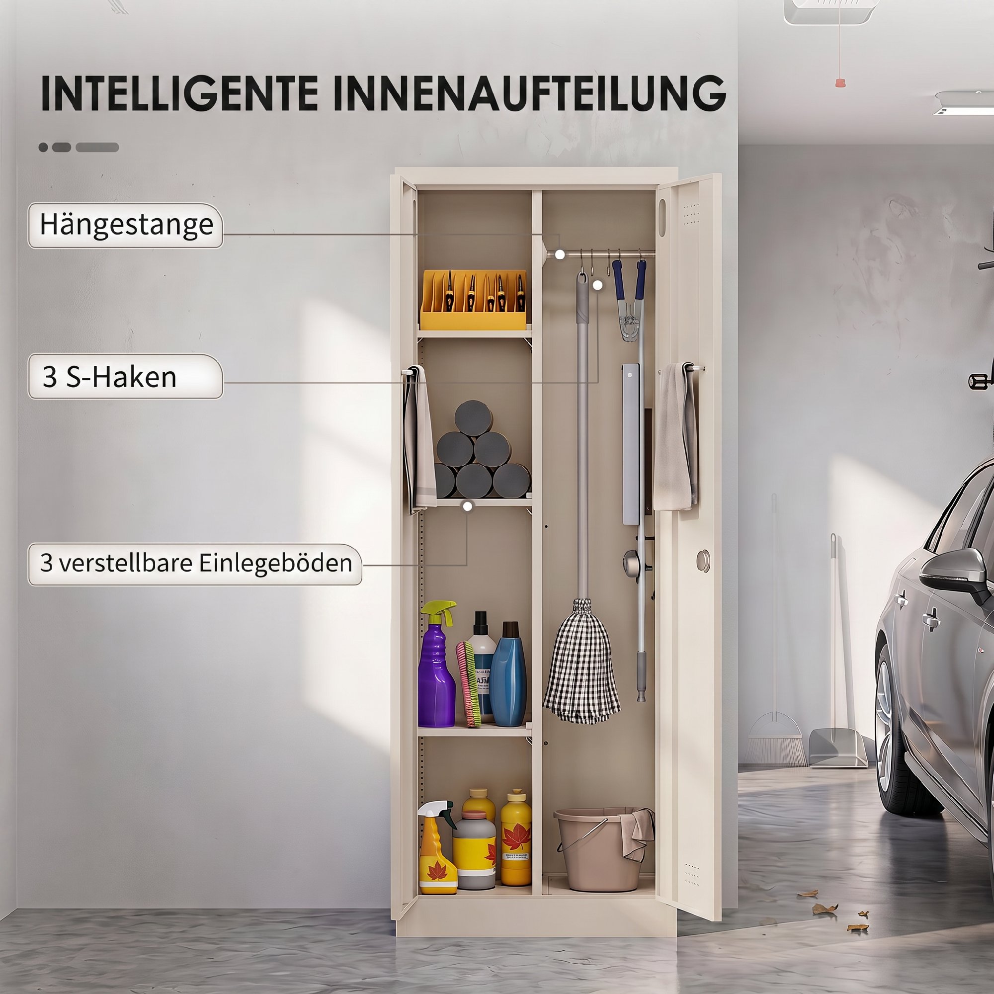 Besenschrank Mehrzweckschrank aus Stahl Vorratsschrank mit Staubsaugerfach & Verstellbaren Einlegeböden 60 x 40 x 165 cm