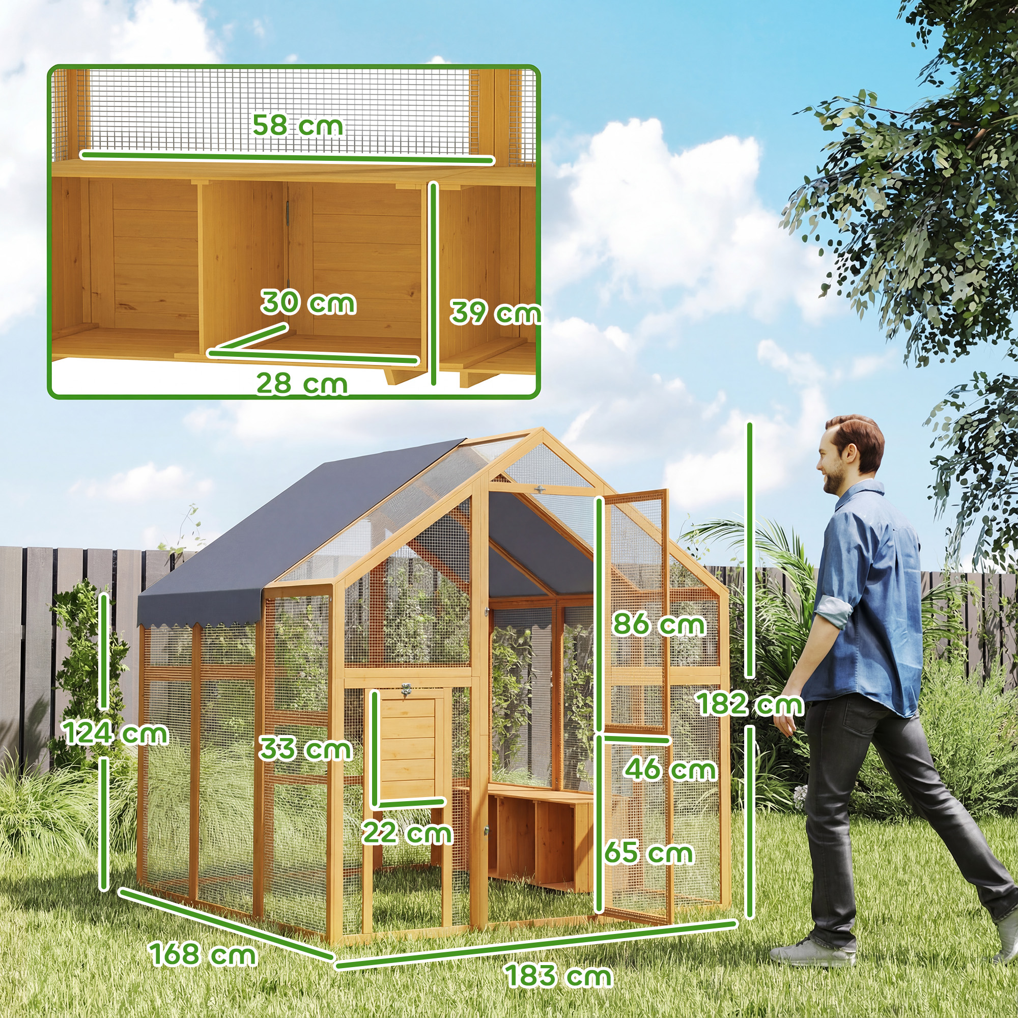 Hühnerstall 3,07㎡ Freilaufgehege Holz mit wasserdichtem Tuch, Sicherheitsschloss, für 6-8 Hühner 1,7 x 1,8 x 1,8 m