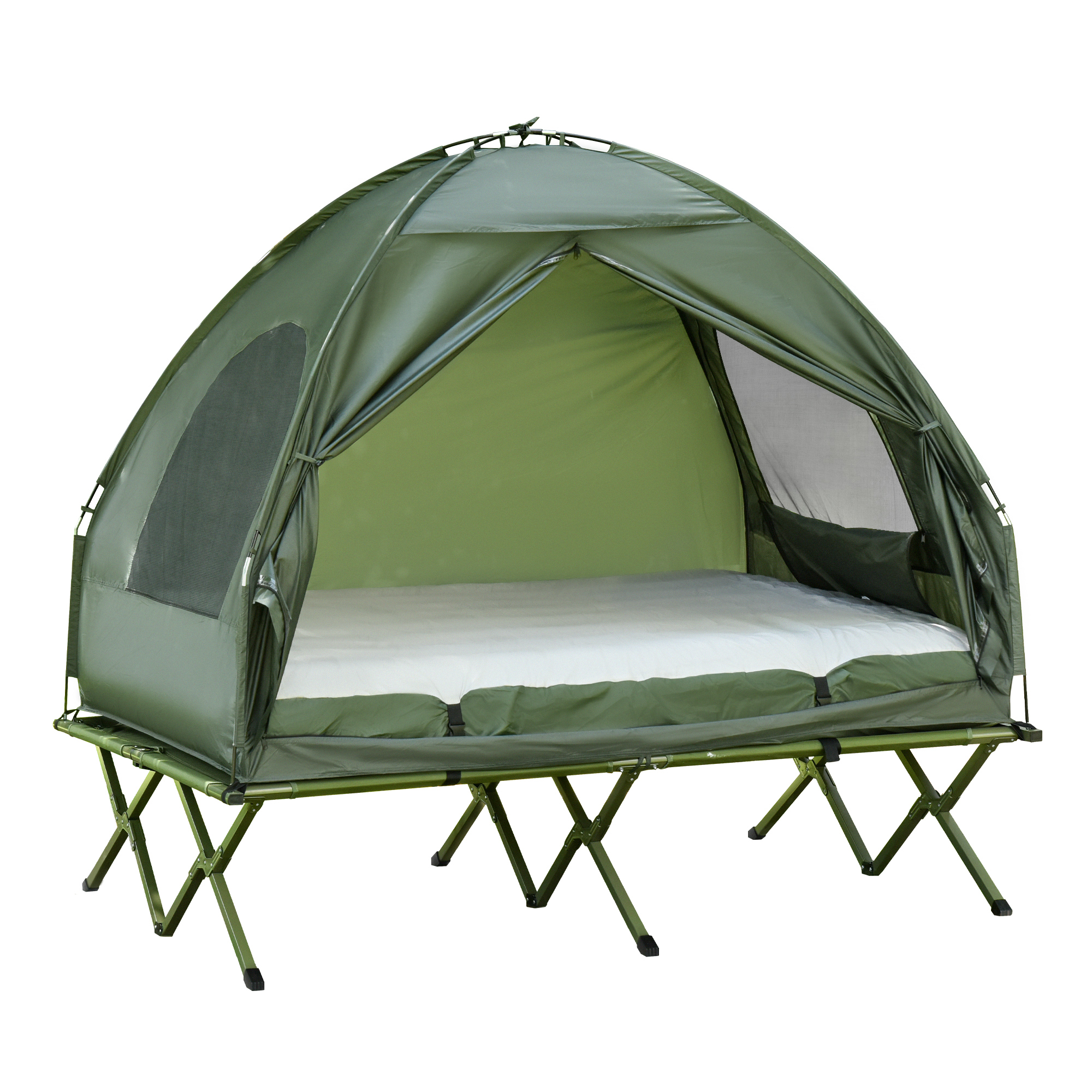 Campingzelt-Set für 2 Personen mit Feldbett und Luftmatratze Grün