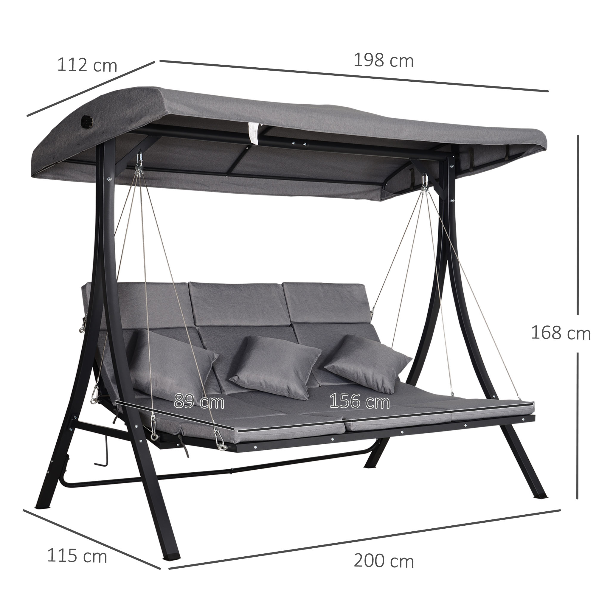 Hollywoodschaukel 3-Sitzer-Hollywoodschaukel, inkl. Kissen, wetterbeständig, 200 cm x 115 cm x 168 cm, Grau