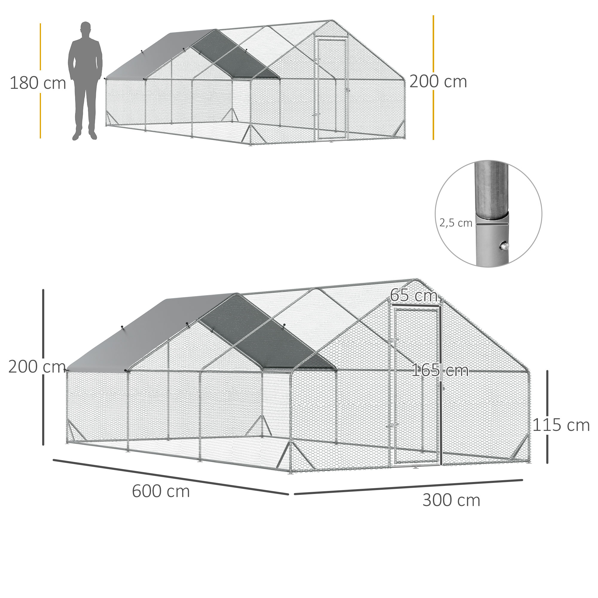 Hühnerstall, Freilaufgehege, Geflügelstall mit Schattendach, Freigehege für 4-6 Hühner, Enten Kaninchen, 3 x 2 x 2 m