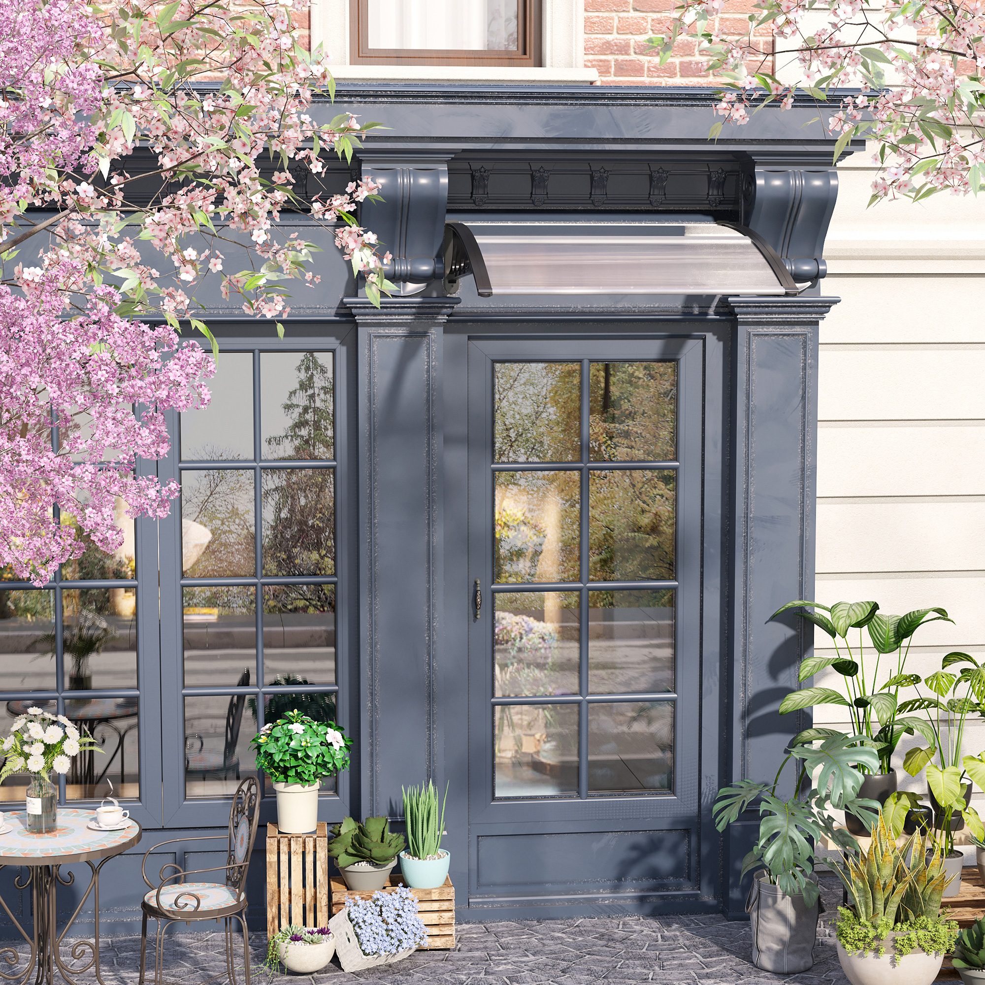 Vordach für Haustür/Fenster, wetterfest, transparent, Aluminium/Polycarbonat, 103x96,5x27cm, Schwarz