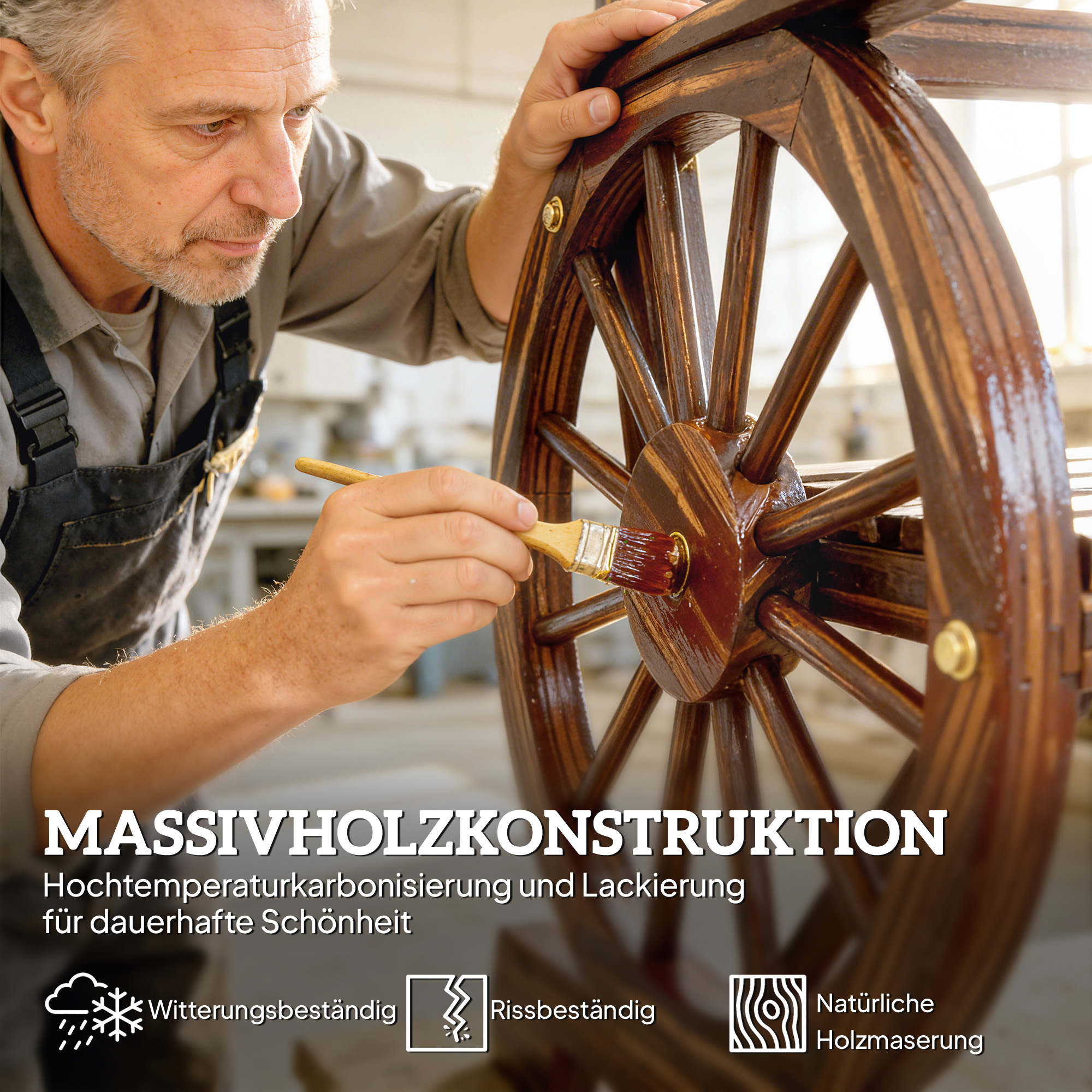 Gartenstuhl Holz Gartensessel mit Wagenräder-Design, Holzstuhl im Landhausstil Verkohlt