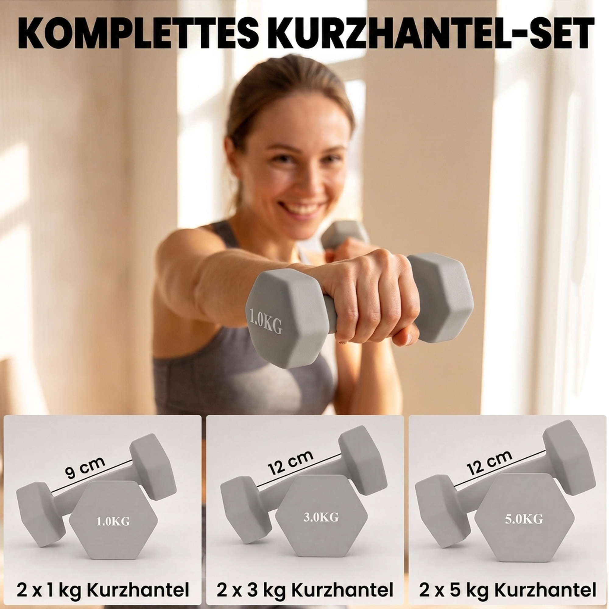 Hanteln Set 3 Paar 1kg 3kg 5kg Kurzhanteln mit Holzständer, rutschfeste Griff, Gusseisen Hexagon Hellgrau