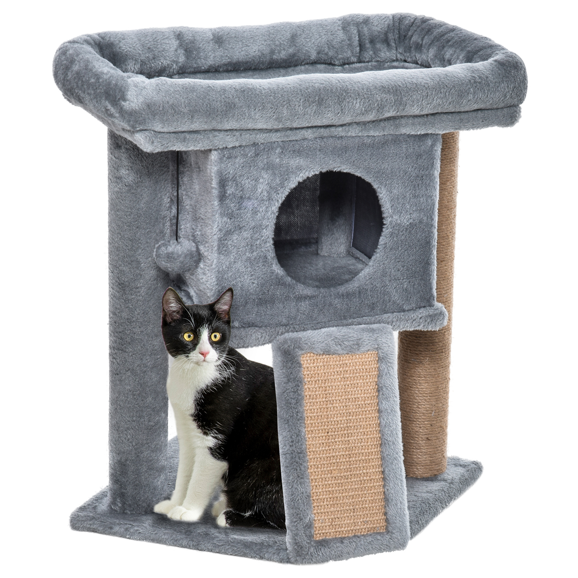 Kratzbaum 57 cm Kleiner Katzenbaum mit Katzenhöhle, Liegeplattform, Katzenkratzbaum mit Kratzbrett, Spielball, Katzenmöbel für Katzen bis 5 kg Hellgrau