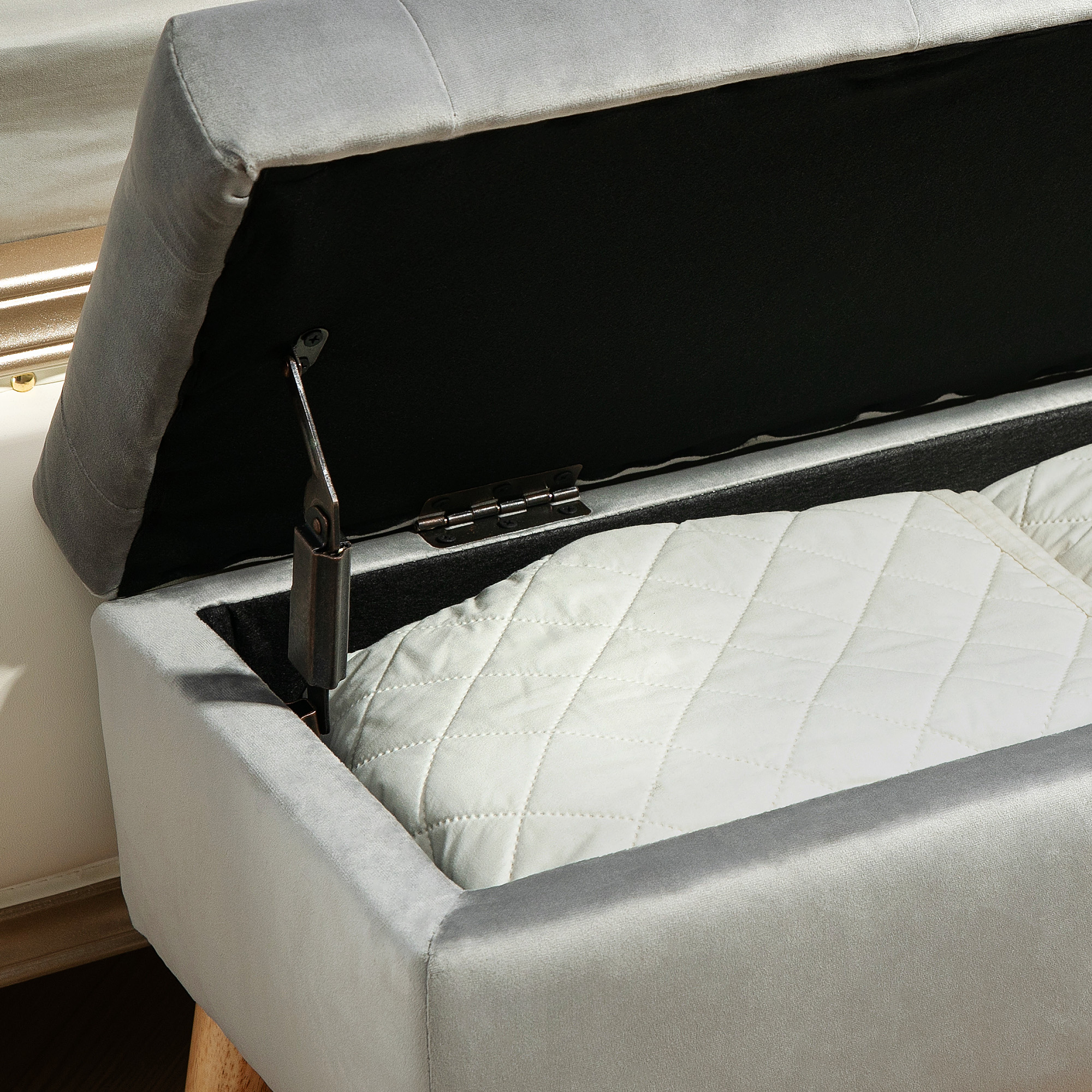 Polsterbank mit Stauraum, Stoffbezug in Samtoptik, Holzbeine, für Wohnzimmer, Schlafzimmer, Flur, 80 x 35 x 42 cm, Grau