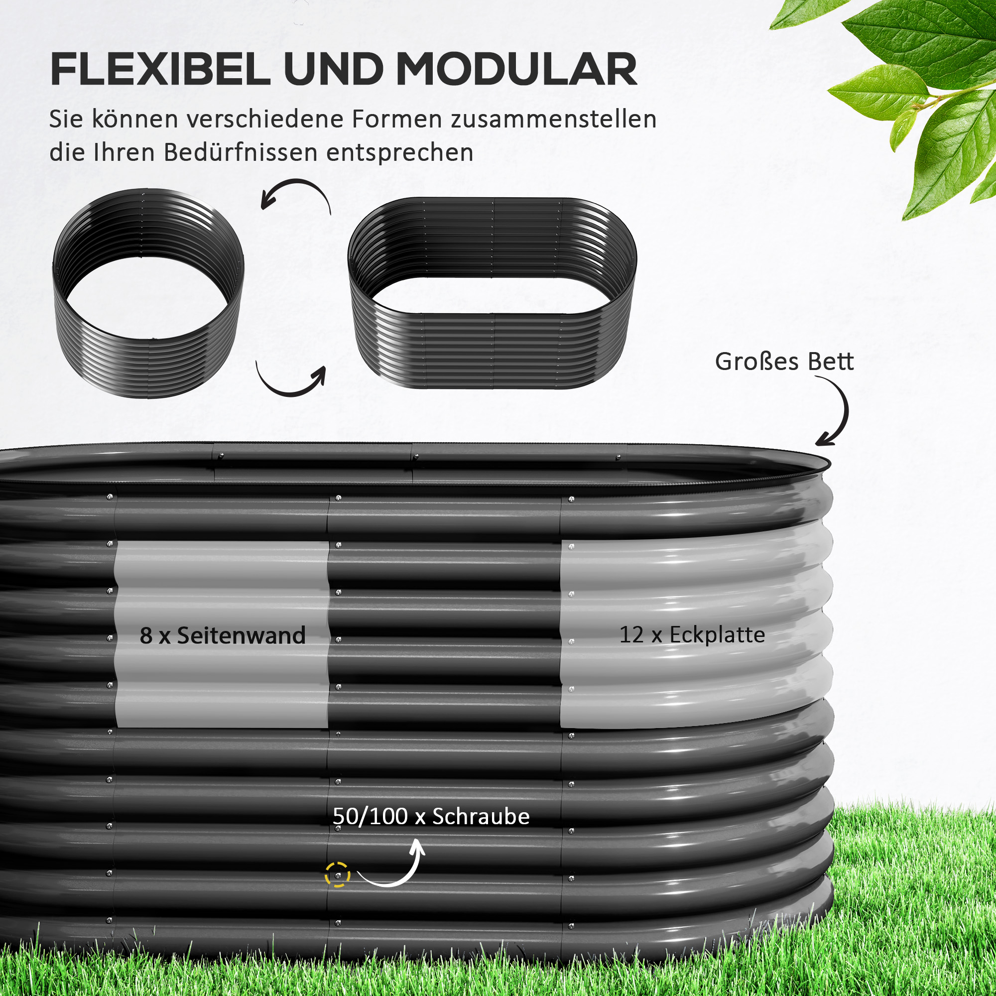 Pflanzkübel, Metall-Blumenkübel mit Sicherheitskante und Handschuhen, offener Boden, 160B x 80T x 80H cm, Dunkelgrau