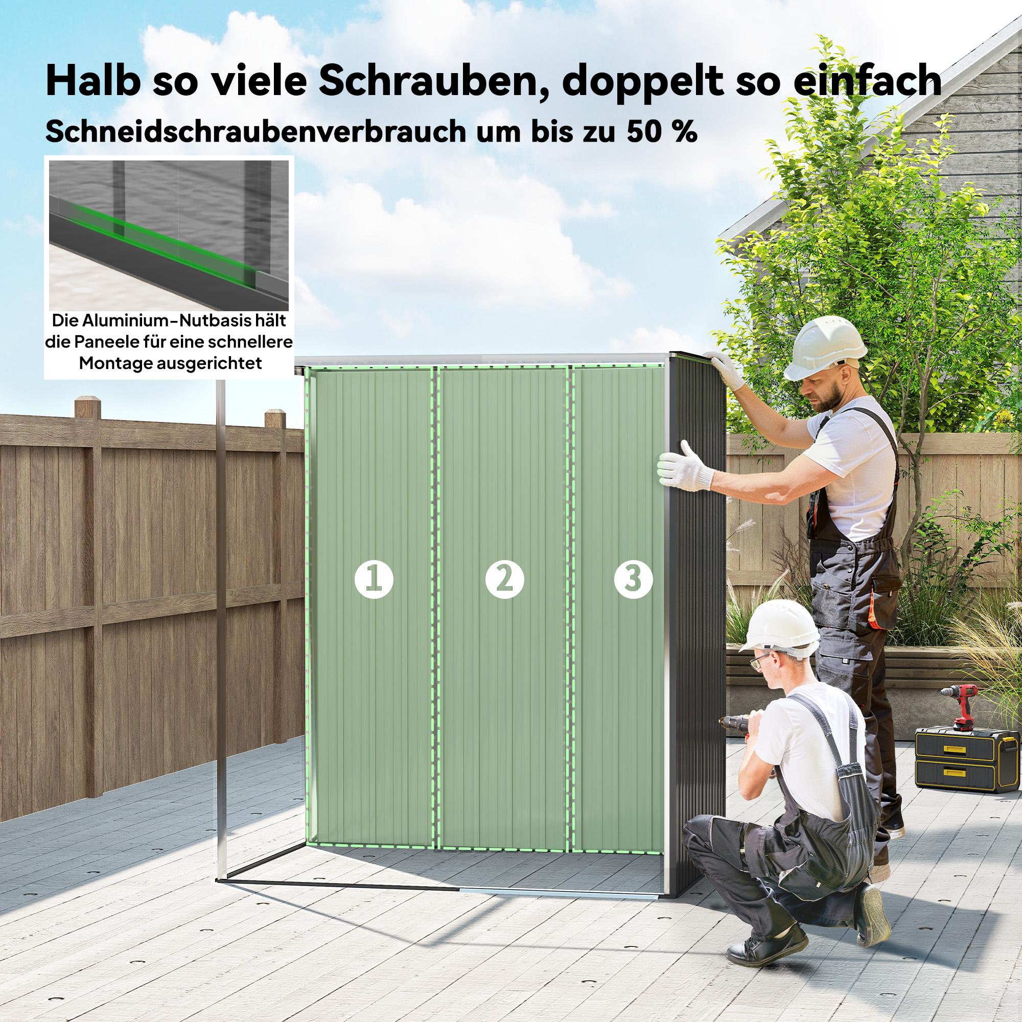 Metall Gerätehaus 1,37 m², Geräteschuppen mit müheloser Montage Pultdach Schiebetür Lüftungen Handschuhen