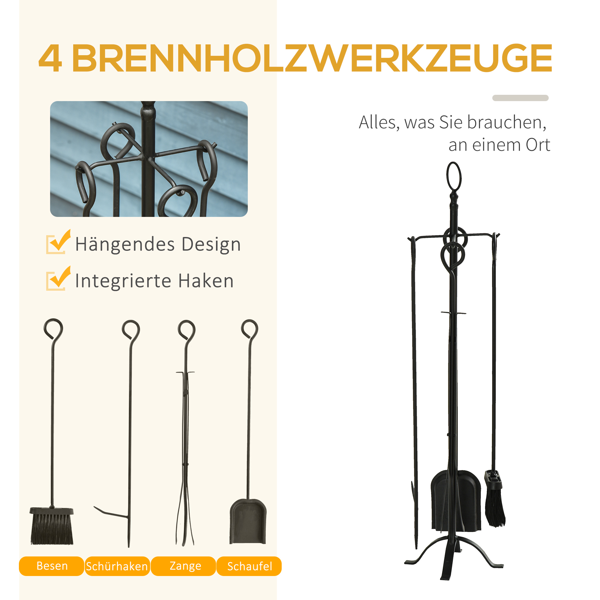 5-teiliges Kamingarnitur Kamin Garnitur Set Kaminbesteck innen Kamin Zubehör Kaminofen Besteck Schmiedeeisen Besteck Werkzeuge Metall Schwarz 20 x 20 x 82,5 cm