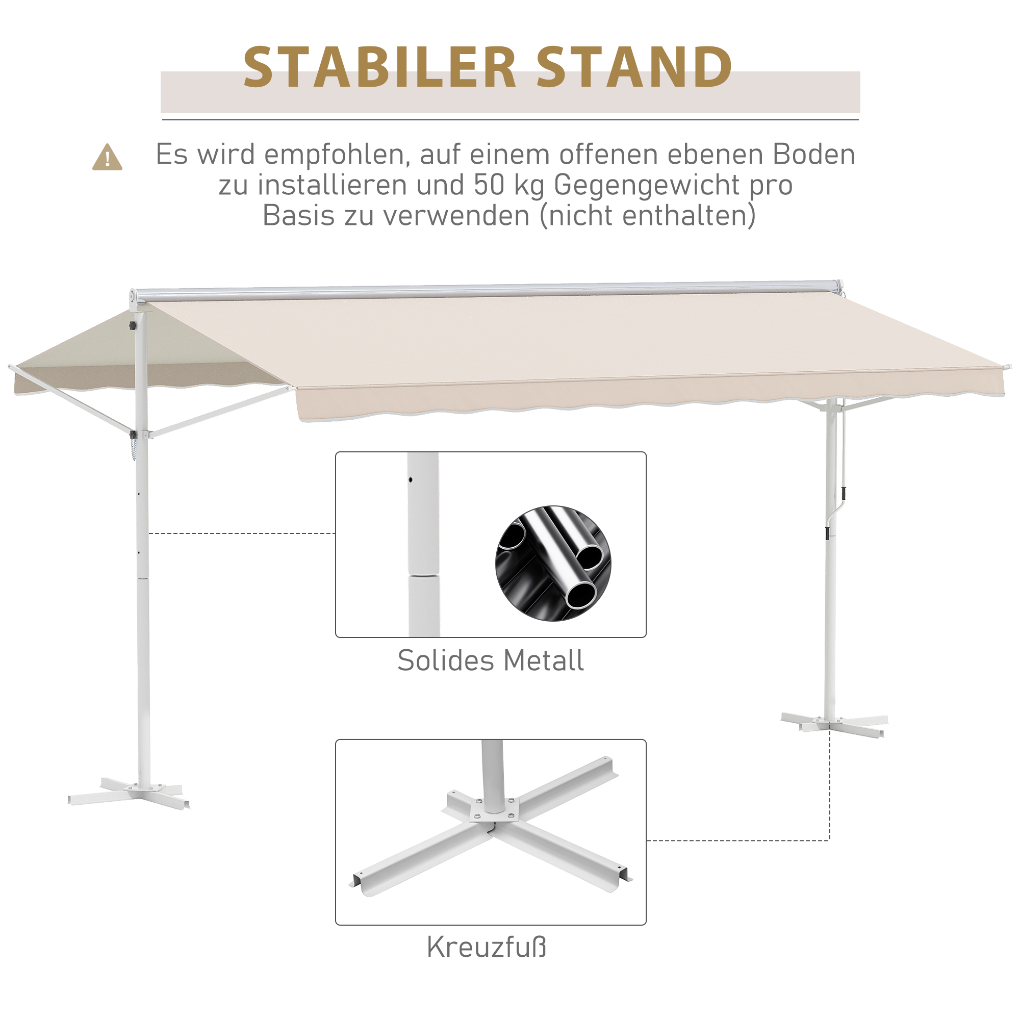 Standmarkise Markise 4,5 x 3,4m Terrassenüberdachung Gartenmarkise mit Faltarm Kurbel Terrasse Creme Alu Metall