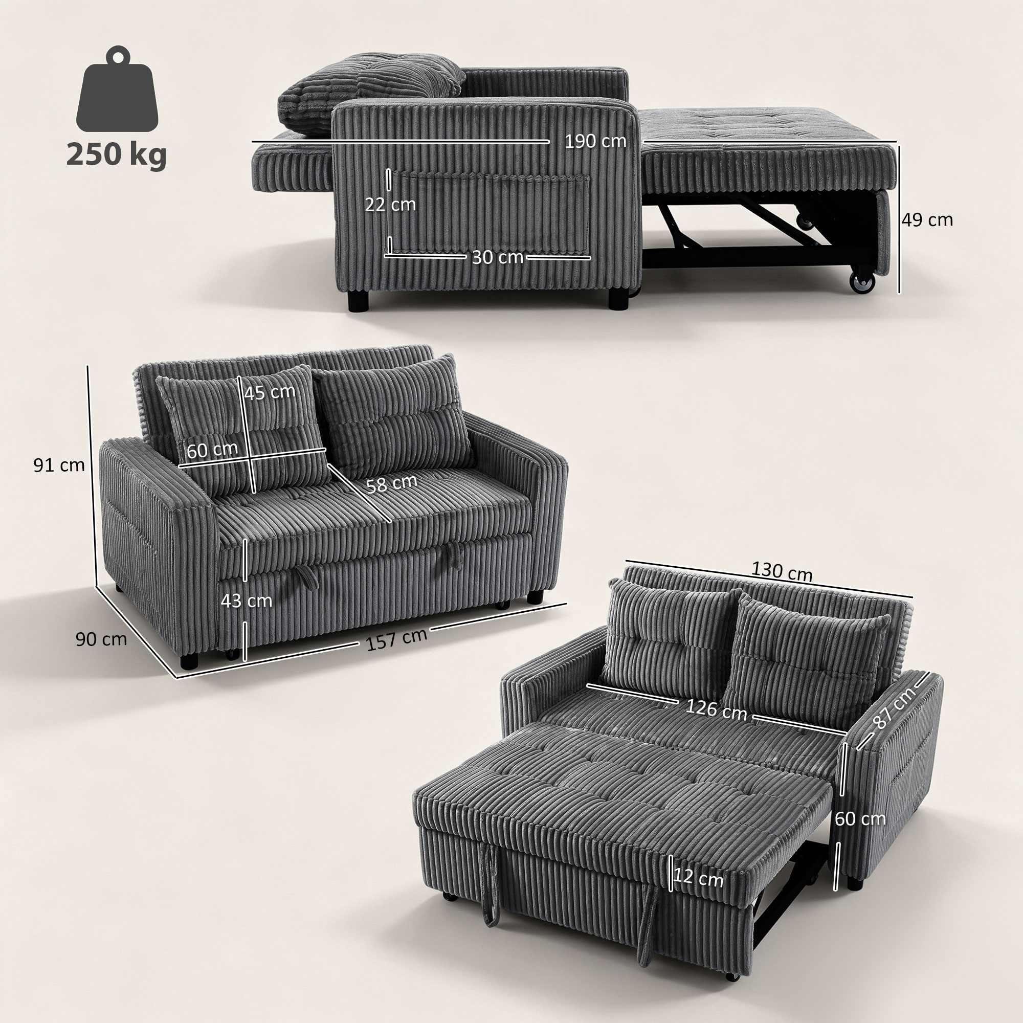2-Sitzer Sofabett, Cordbezug, zum Schlafsofa umwandelbar, 2 Kissen, Seitentaschen, 157 x 190 cm, Dunkelgrau