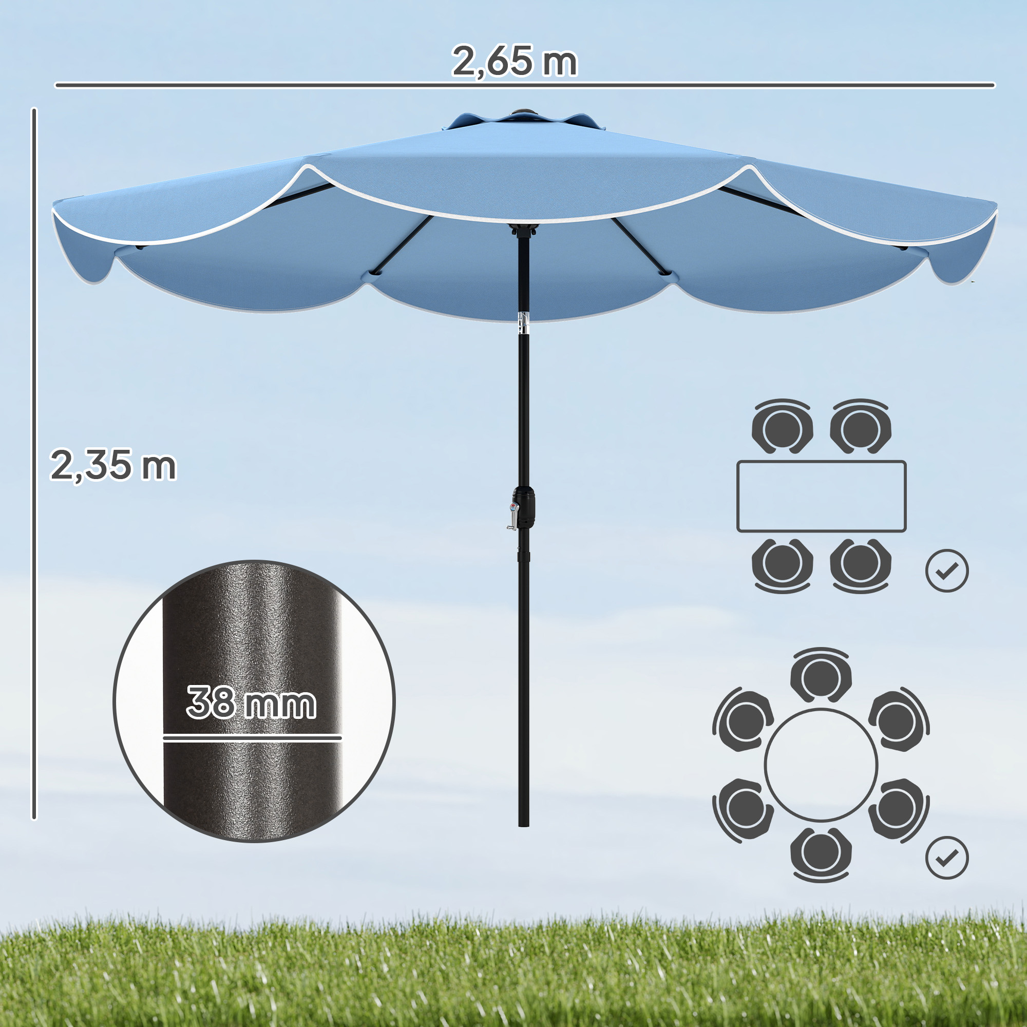 Sonnenschirm rund Balkonschirm Strandschirm mit 3-facher Neigung Kurbel 8 Streben Ø265 x 235H cm Himmelblau