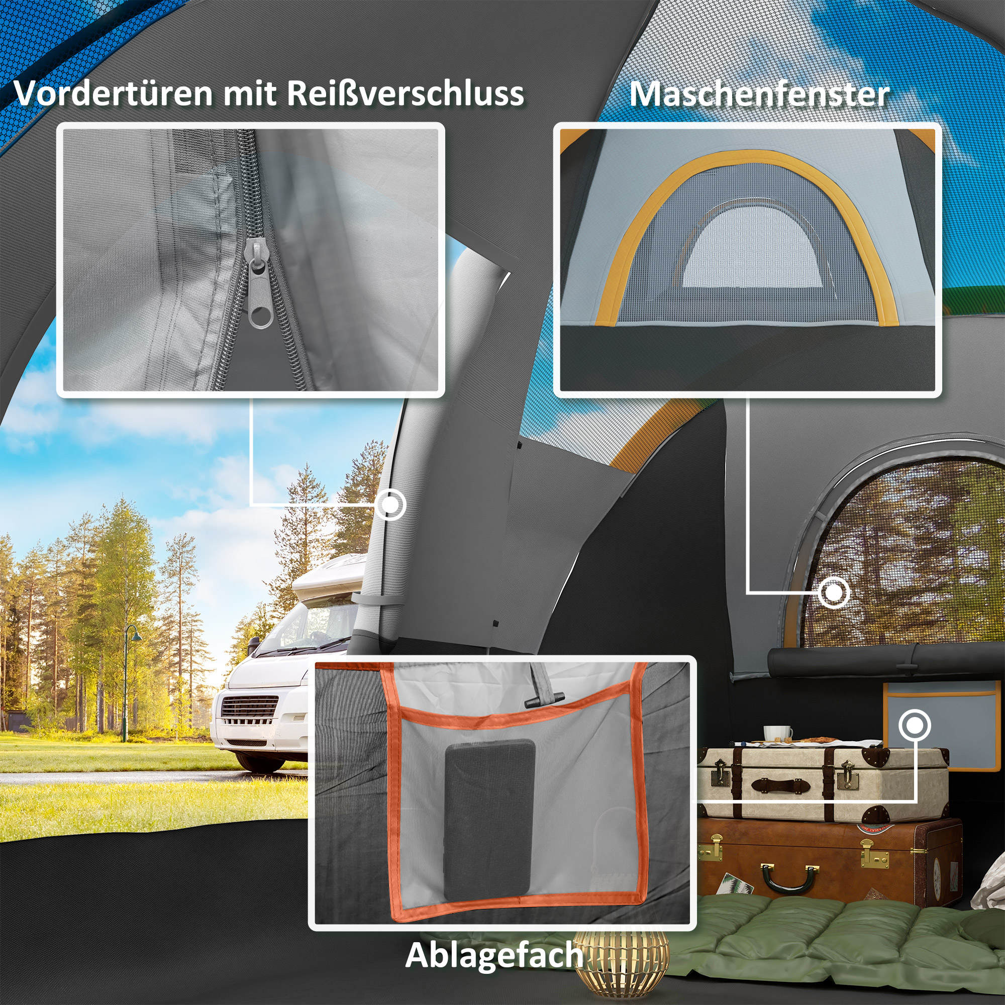 Campingzelt für 5-6 Personen, Familienzelt, Tragetasche, 4,55x2,2x1,8m, Hellgrau/Schwarz