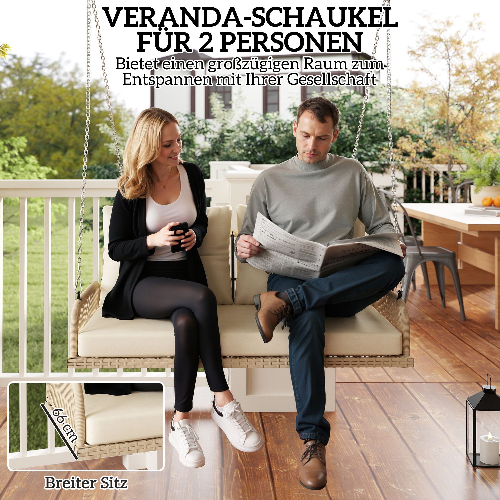 Hollywoodschaukel 2-Sitzer Rattan Gartenschaukel mit Kissen Ketten bis 240 kg 115 x 66 x 44 cm Beige
