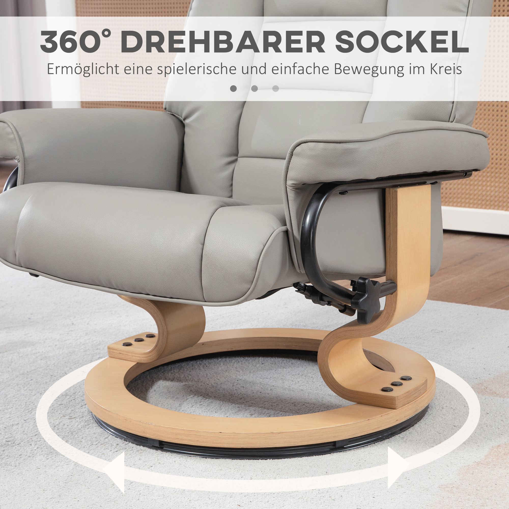 Relaxsessel mit Hocker, drehbar & neigbar, Kunstlederbezug, bis 150 kg, Holzgestell, Grau