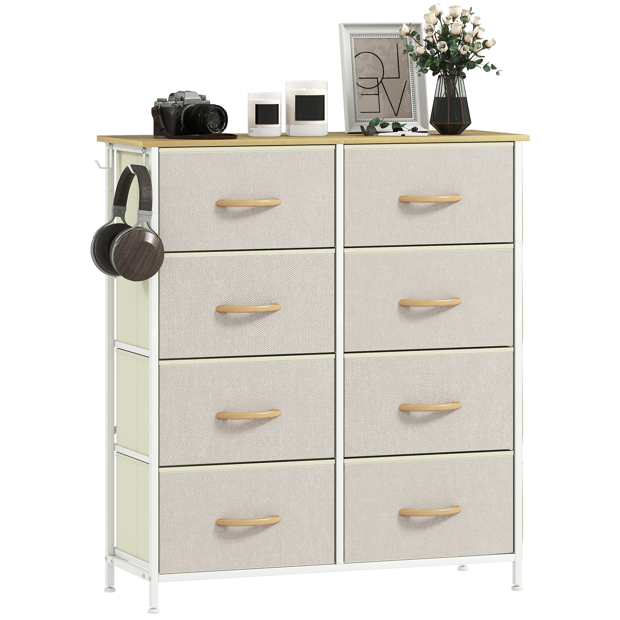 Schlafzimmer-Kommode mit 8 Stoffschubladen, Stahlstreben, Holzoberfläche, 4 Aufbewahrungstaschen, 2 Haken, Beige