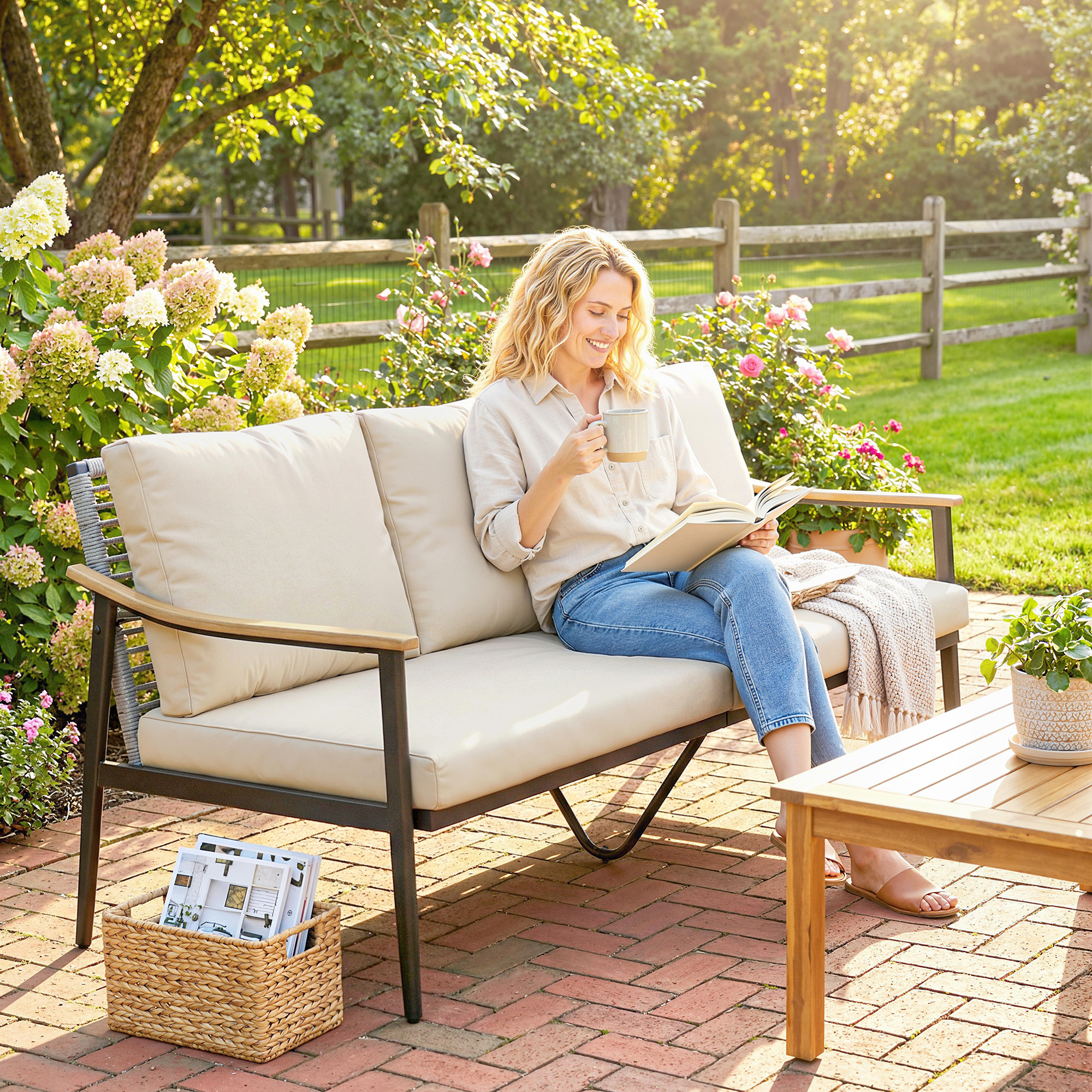 Gartensofa 3-Sitzer Rattan Loungesofa mit abnehmbar Kissen Holzoptik-Armlehnen Stahlrahmen Khaki