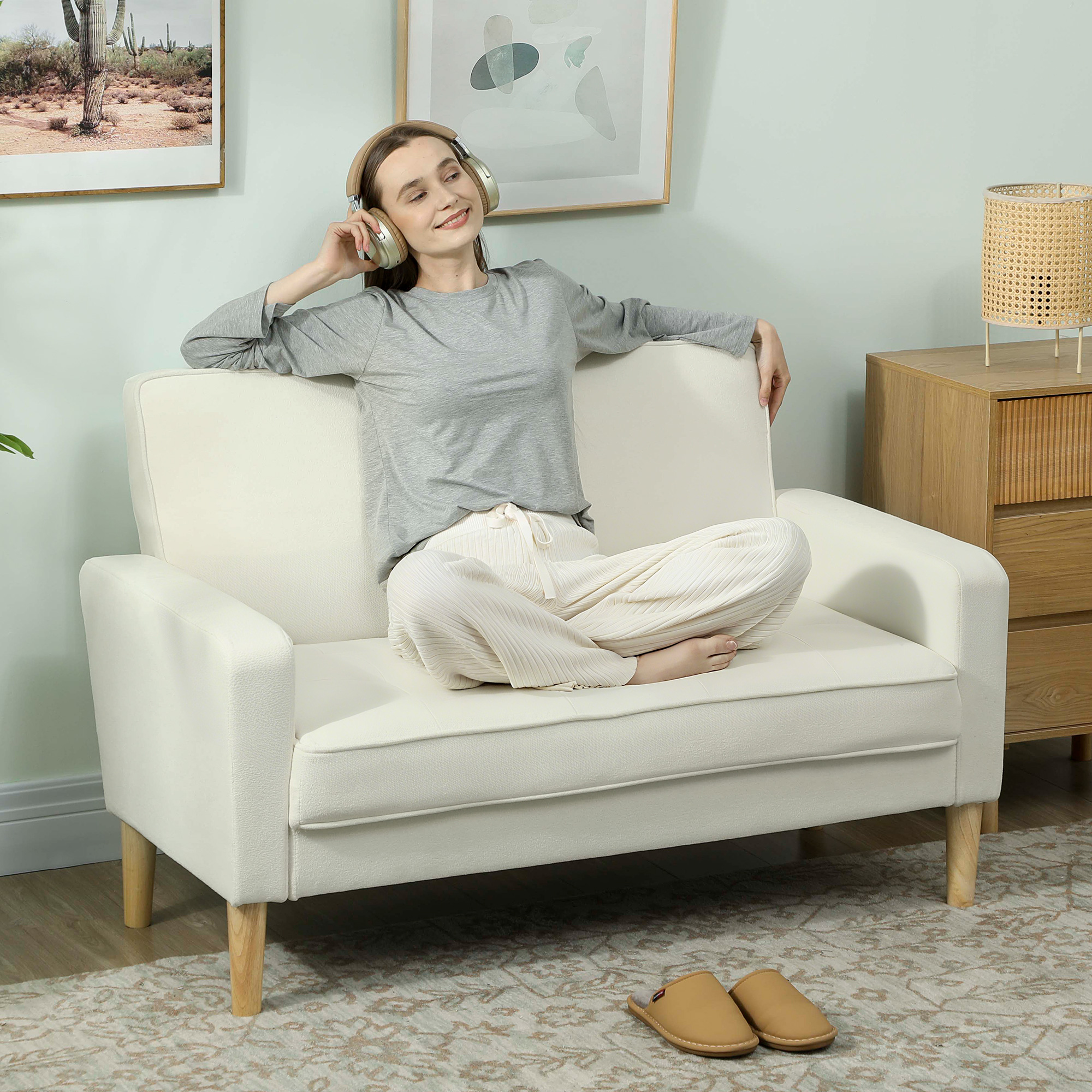 2-Sitzer-Sofa, Doppelsitzsofa mit Kautschukholzbeinen, Polstersofa für Wohnzimmer, Schlafzimmer, Cremeweiß