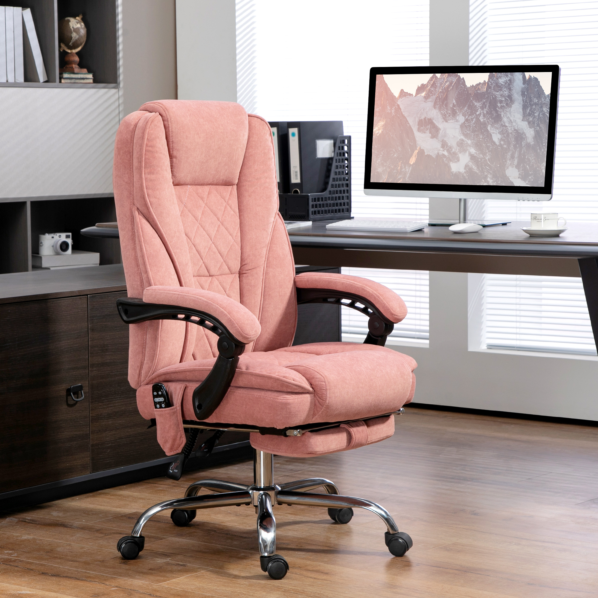 ergonomischer Bürostuhl mit Massagefunktion, Fußstütze, drehbar, rollbar, Rosa
