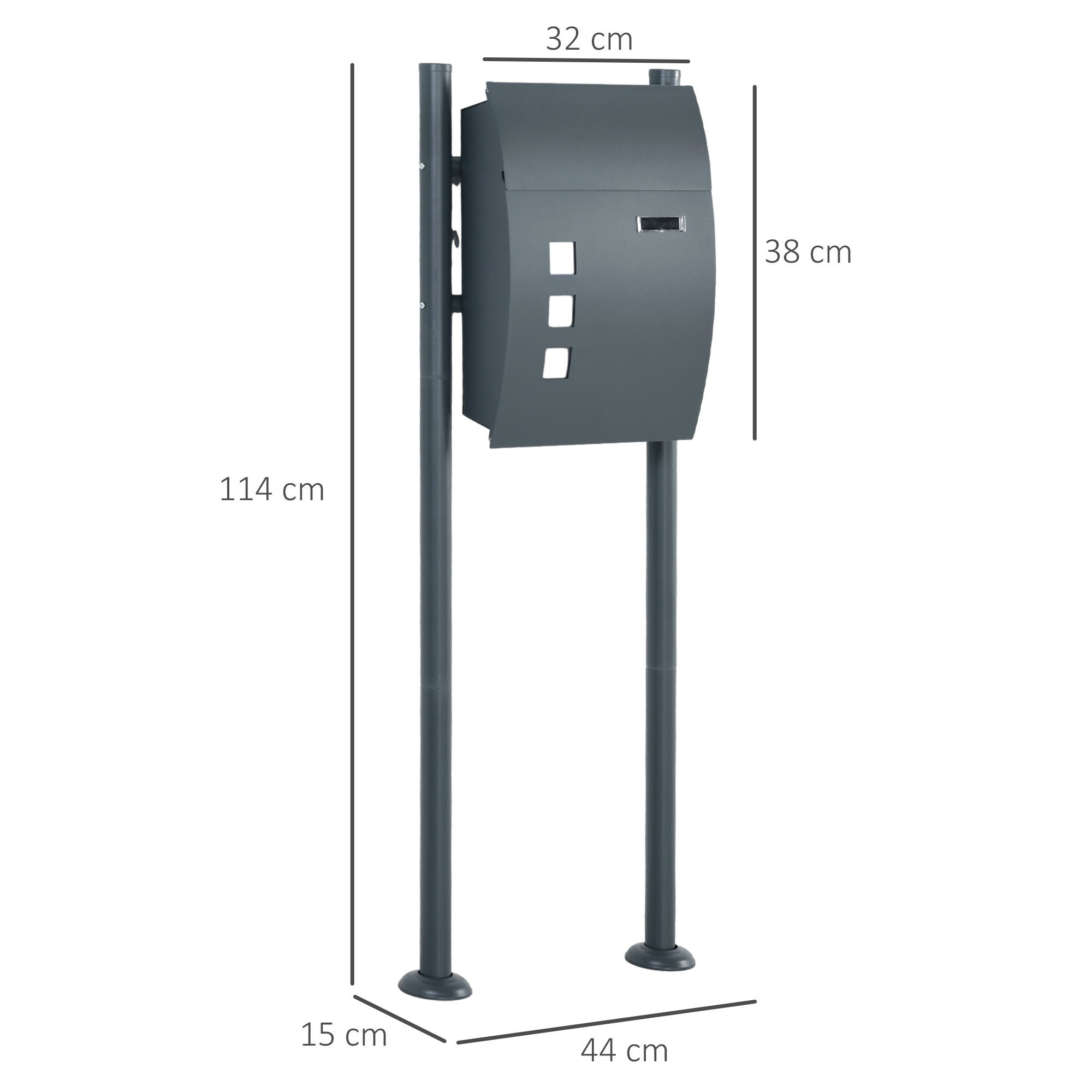 Briefkasten Postkasten, Verriegelung, Standbriefkasten, 2 Schlüssel, Stahl, 44 cm x 15 cm x 114 cm,  Grau