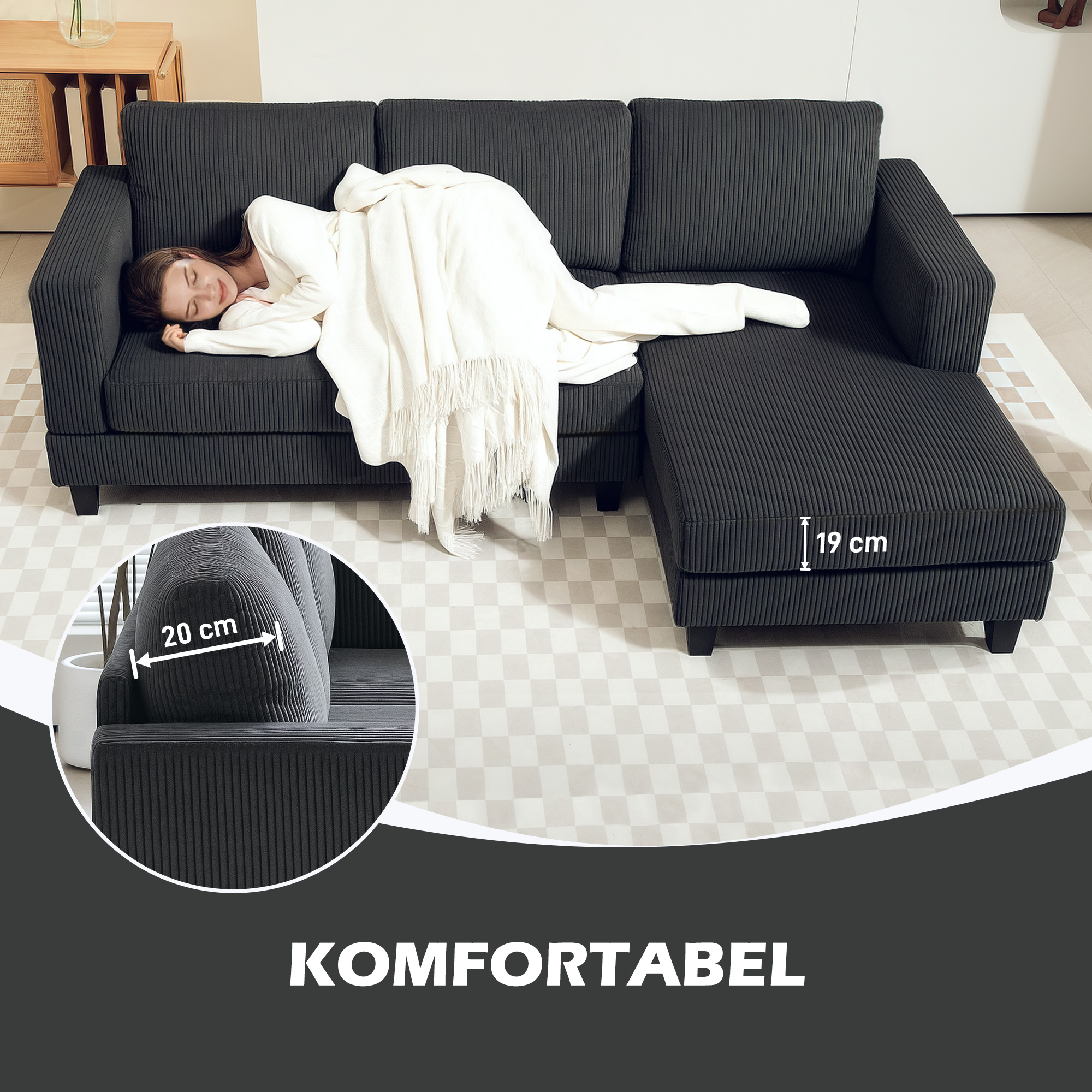 Ecksofa, L-förmiges 3-Sitzer-Sofa mit Chaiselongue, Holzkonstruktion, 8 Beine, Cordstoff, Schaumstoffpolsterung, Grau
