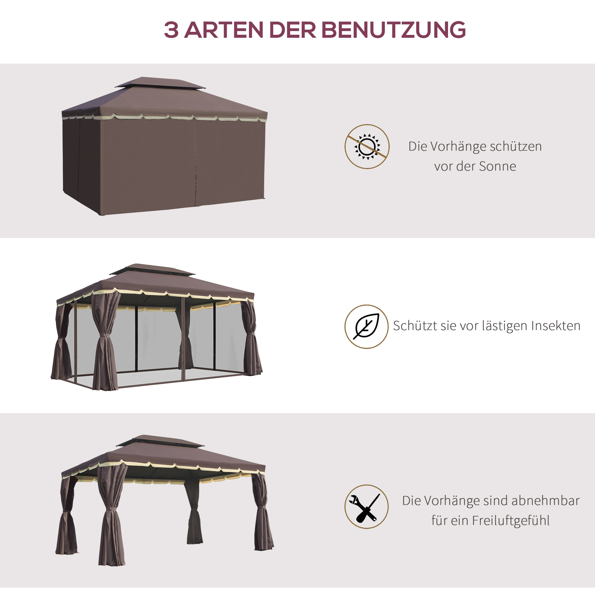 Gartenpavillon Pavillon 390 x 290 x 280 cm Gartenzelt Festzelt Partyzelt mit 4 x Seitenteile Moskitonetz wetterfest Aluminium Polyester Kaffee+Schwarz