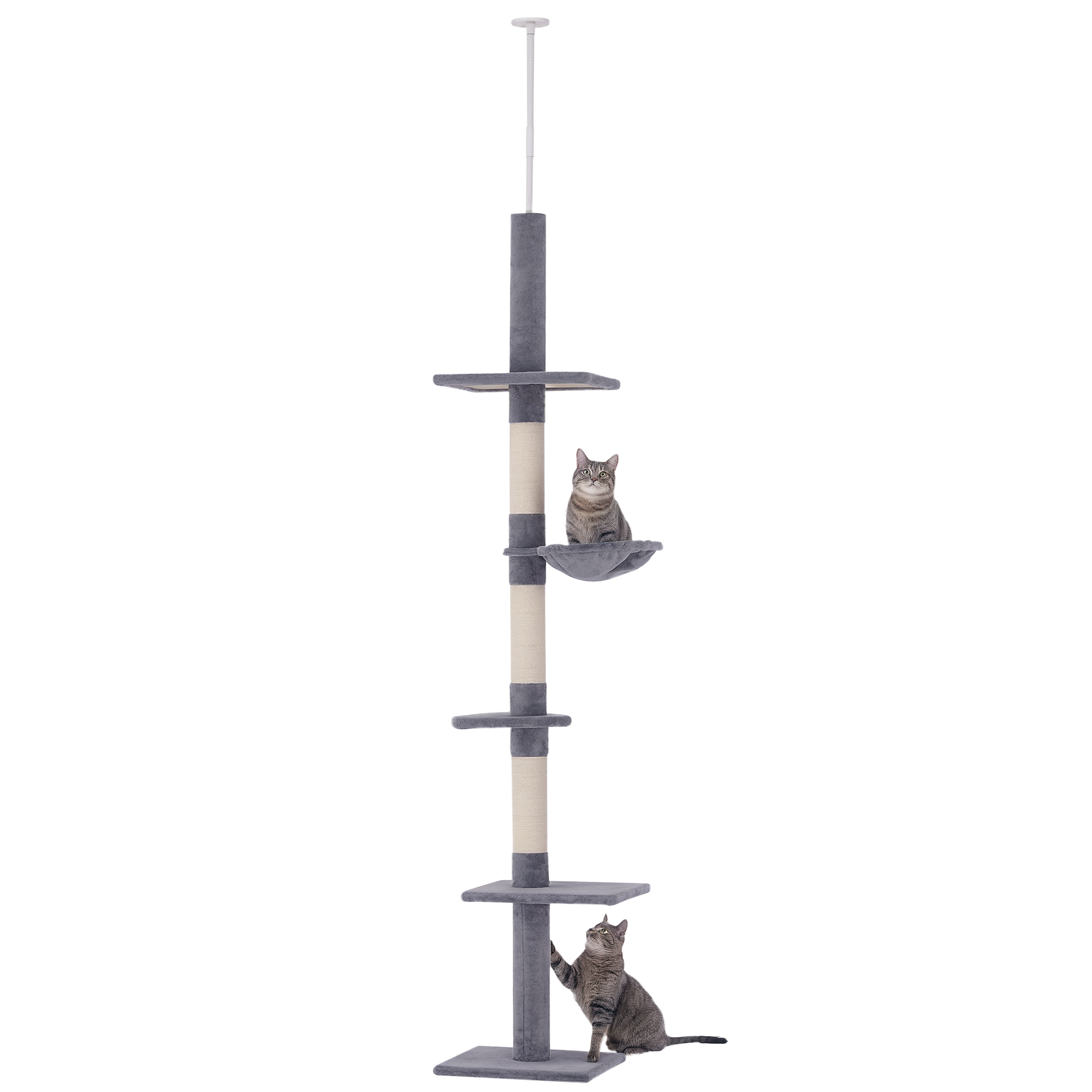 Kratzbaum Deckenhoch höhenverstellbar, stabiler Katzenbaum mit Sisalsäulen, Katzen Kletterbaum, Grau, 40 x 34 x 230-260 cm