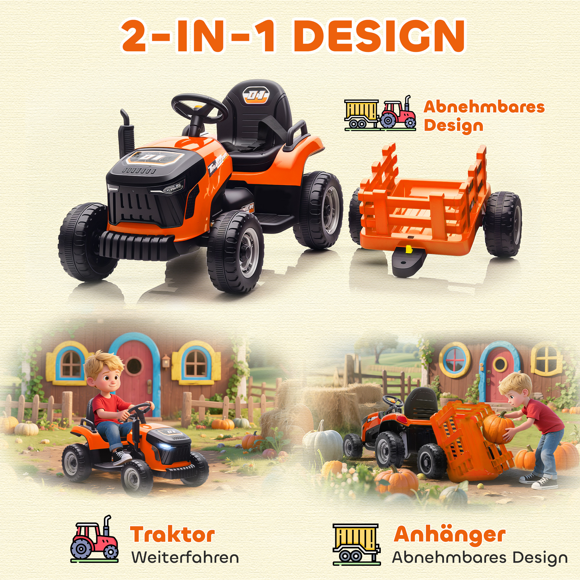 Elektrischer Kindertraktor, Aufsitz-Traktor mit Fernbedienung, Soft-Start, für Kinder im Alter von 3-8 Jahren, Orange