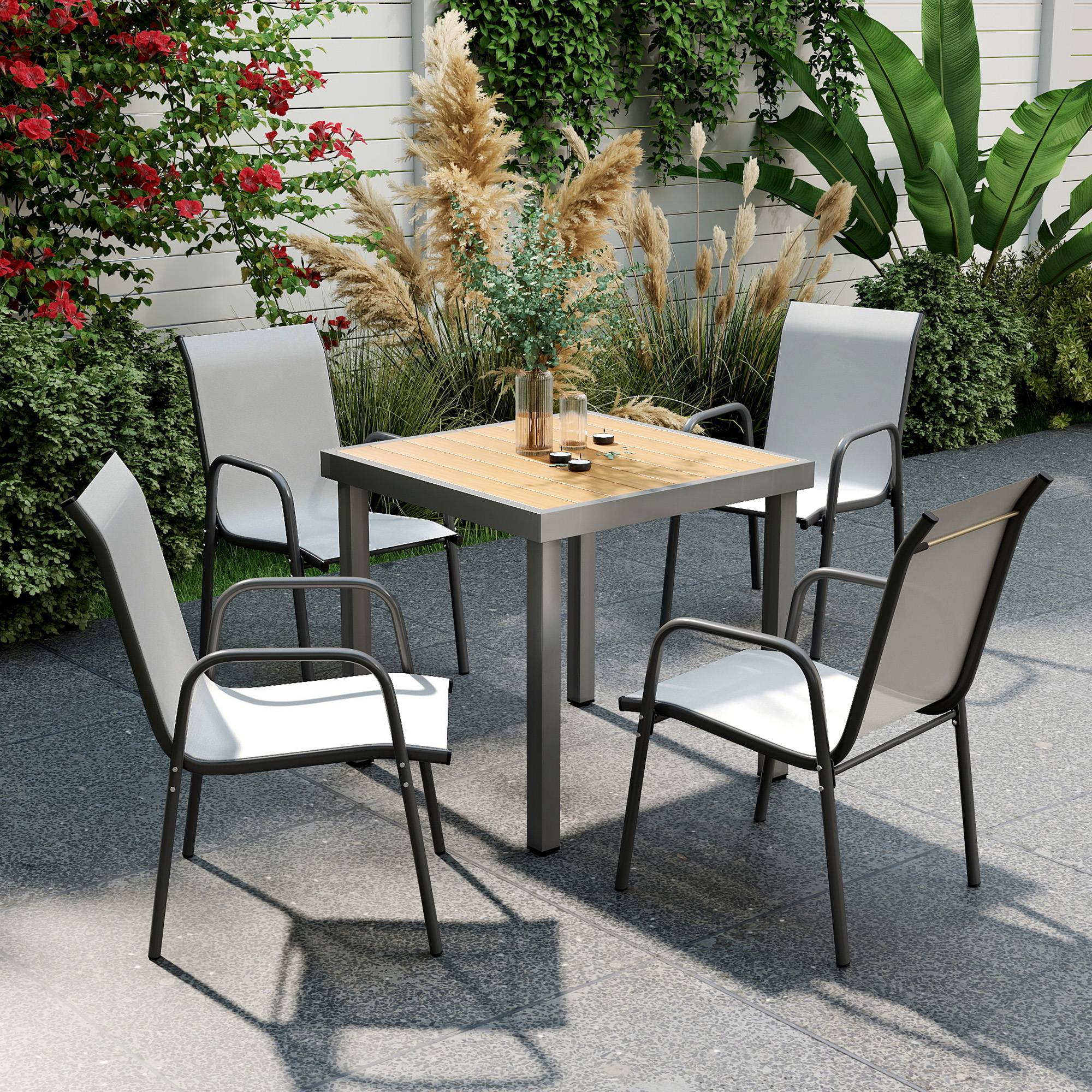 Gartenstühle 4er Set Stapelbare Terrassenstühle mit Atmungsaktive Rücken, Armlehnen 120 kg Belast