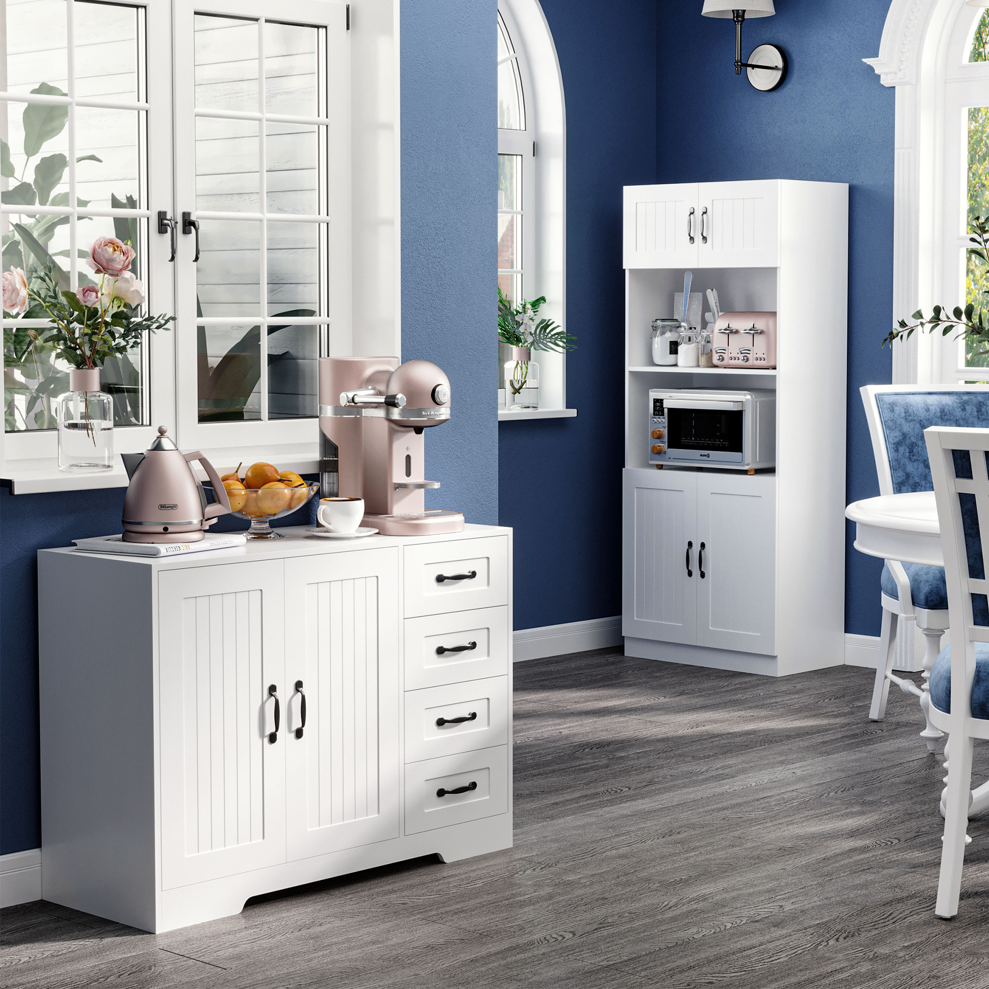 Sideboard Kommode Anrichte, Modernstil, 4 Schubladen, 1 Schrank, 105 cm x 40 cm x 76 cm, Weiß