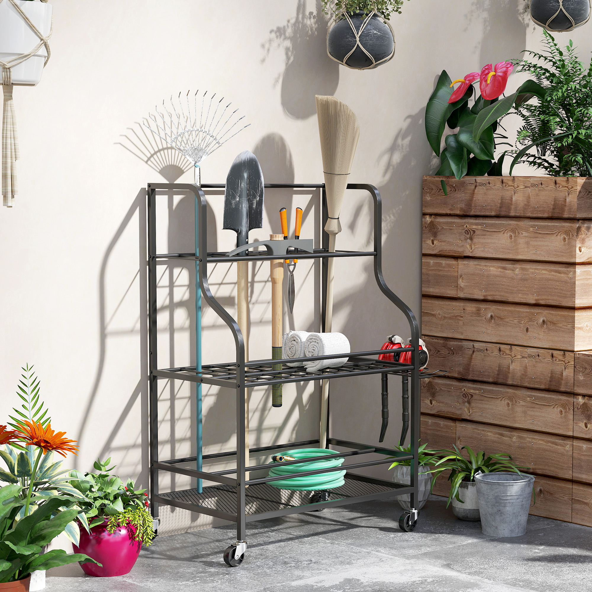 Gartenwerkzeug-Organizer 3-stufig Gartengeräte Ständer mit Haken bis 40 kg belast 77x40x97cm Schwarz