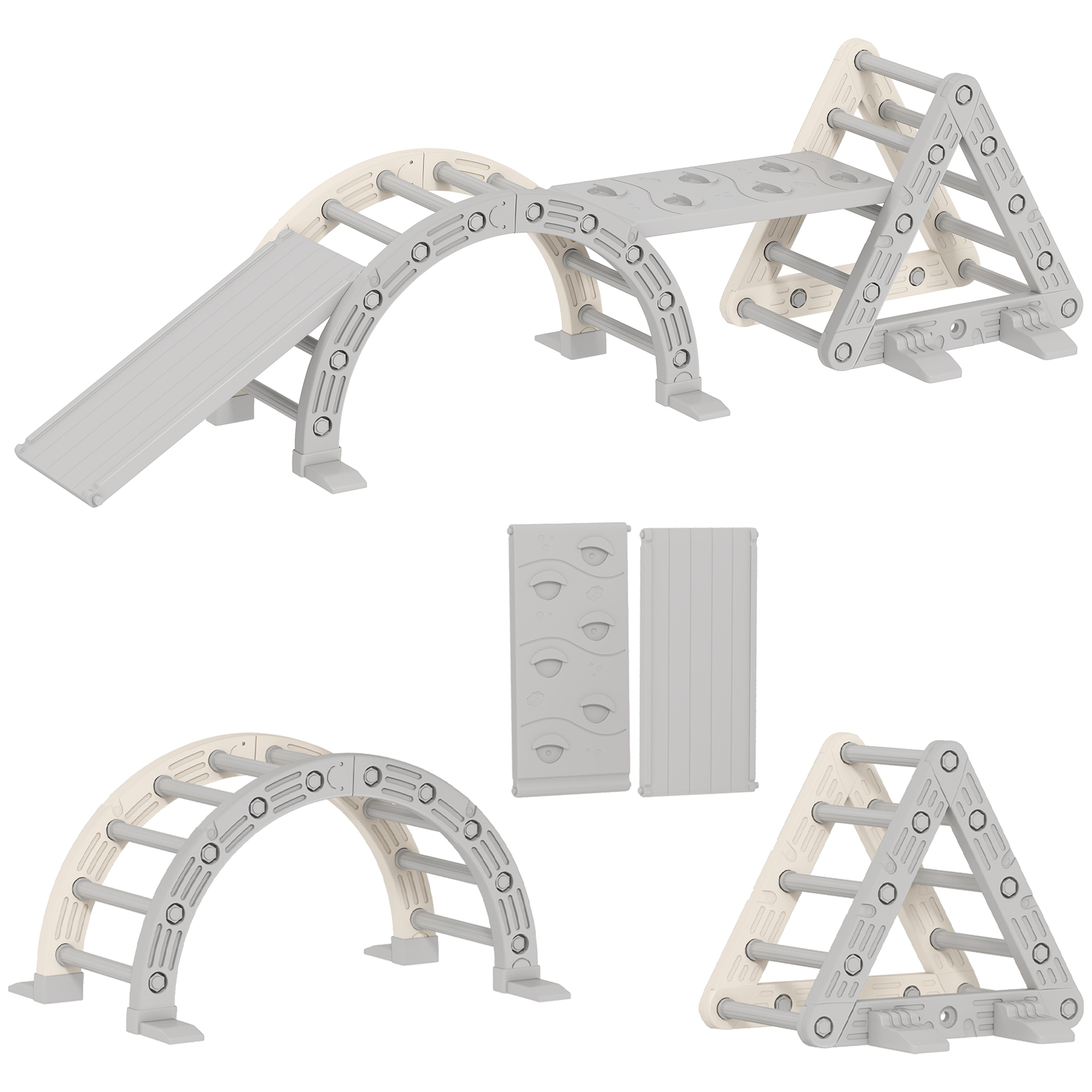 Klettergerüst Indoor, 5 in 1 Kletterdreieck mit Rutsche, Kletterbogen, inkl. doppelseitige Rampe, Spielplatz Indoor für Kinder 18-48 Monate, Grau+Weiß
