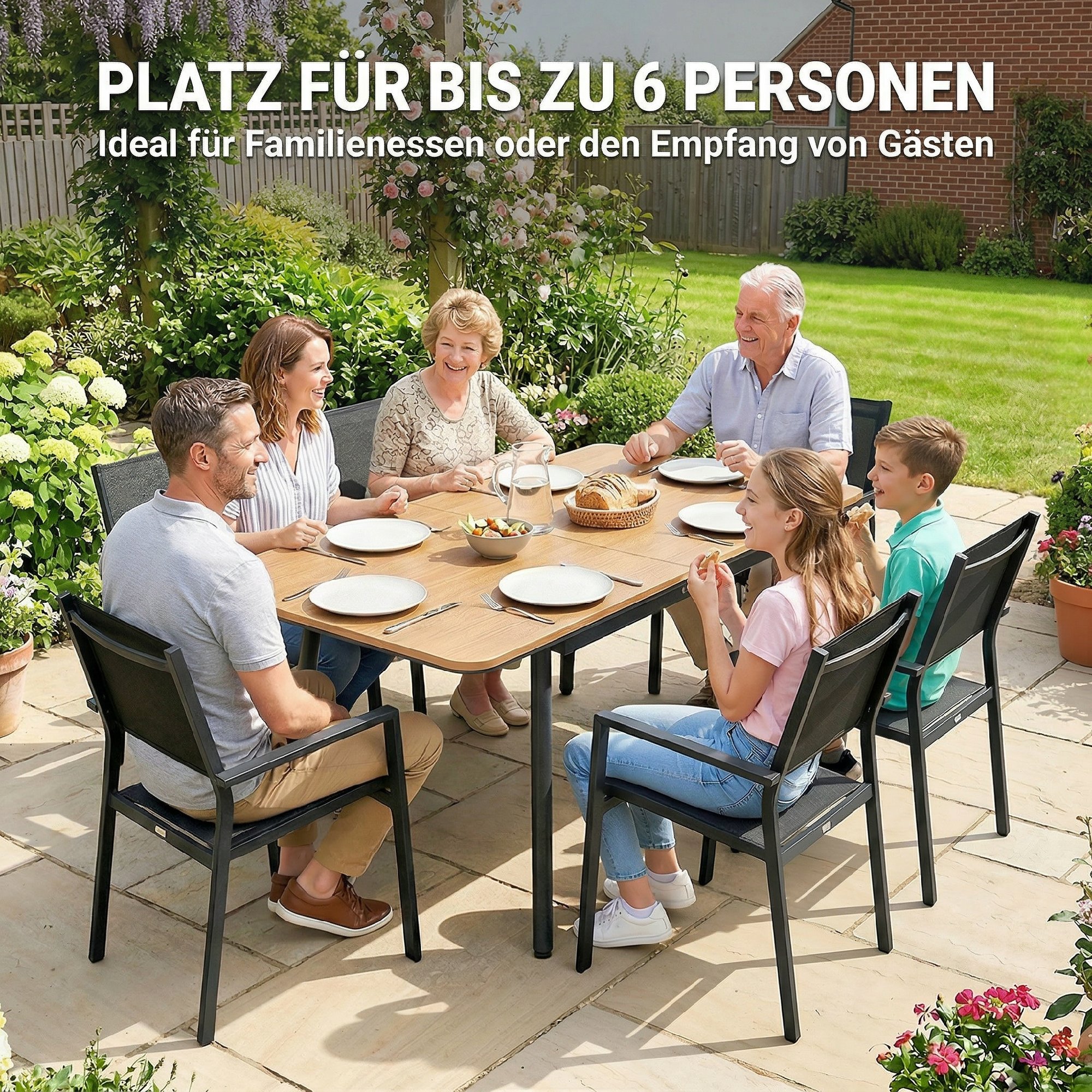 Gartentisch 140 x 80 cm für 6 Personen rostbeständig Outdoor Esstisch mit WPC-Tischplatte Verstellbare Füße, Teak