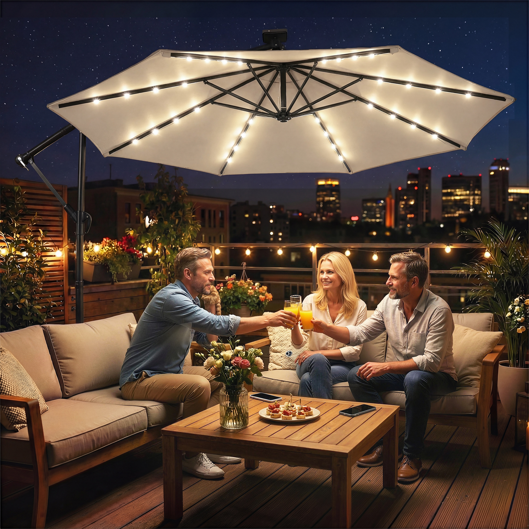 Ampelschirm LED Solar ca. Ø300 cm Drehbar Sonnenschirm mit Kurbel Ständer Schutzhülle Beige