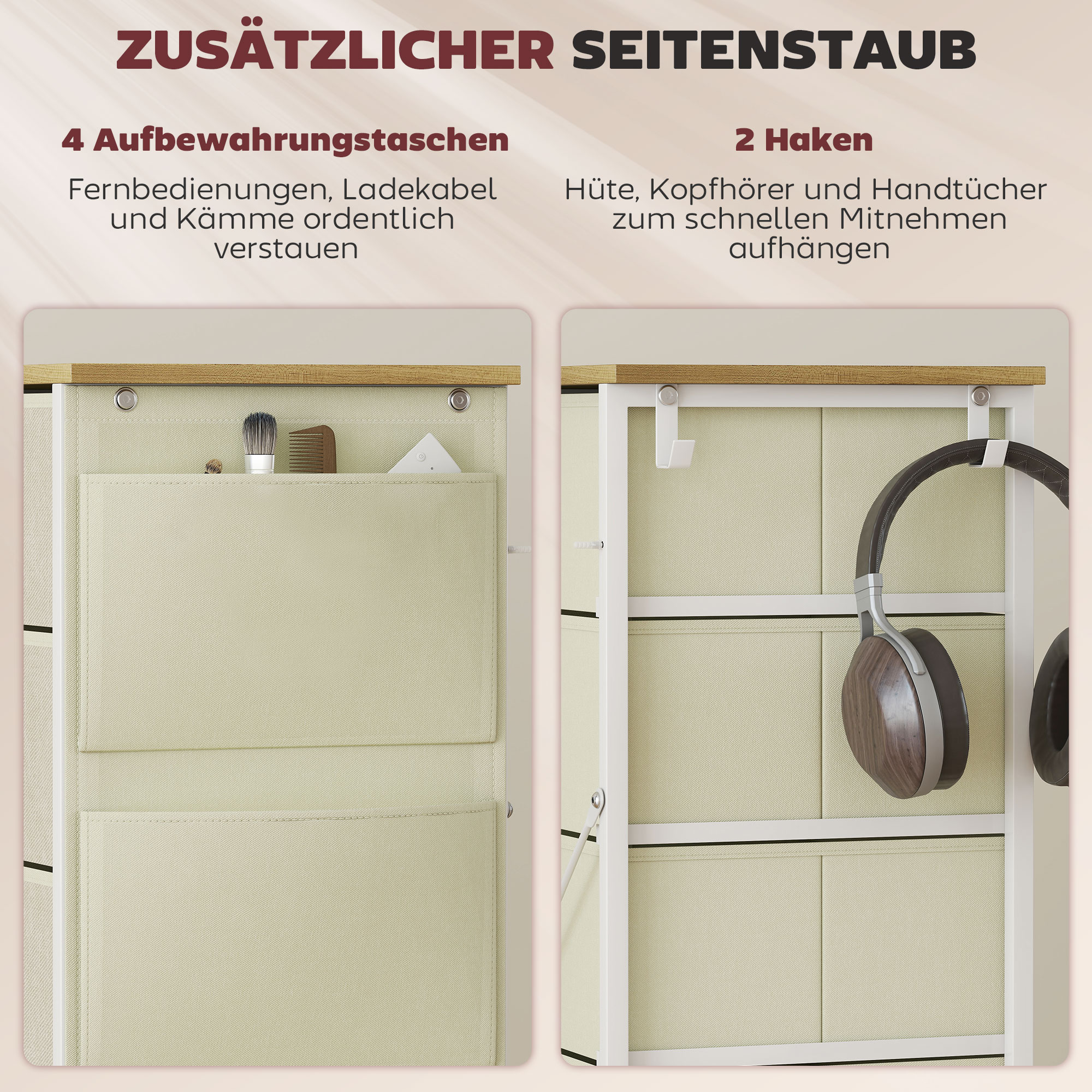 Schlafzimmer-Kommode mit 5 Stoffschubladen, Stahlstreben, Holzoberfläche, 4 Aufbewahrungstaschen, 2 Haken, Beige