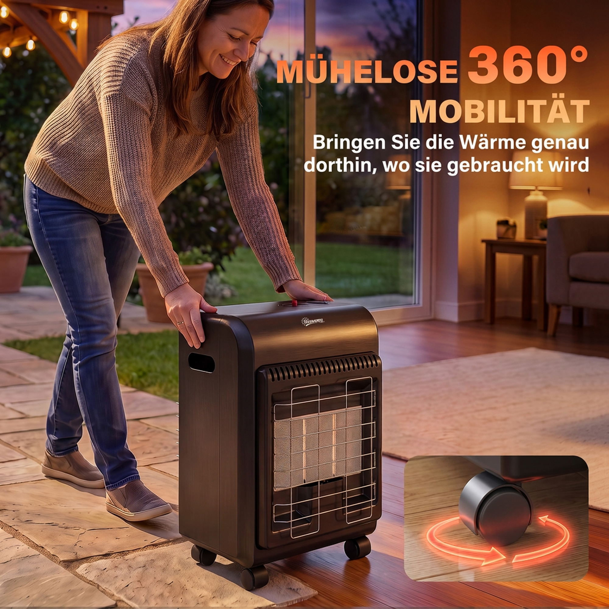 Gas Heizstrahler Outdoor 1,5-4,2 kW Terrassenheizer mit Rollen 3 Leistungsstufen 50 cm Schlauch Druckregler