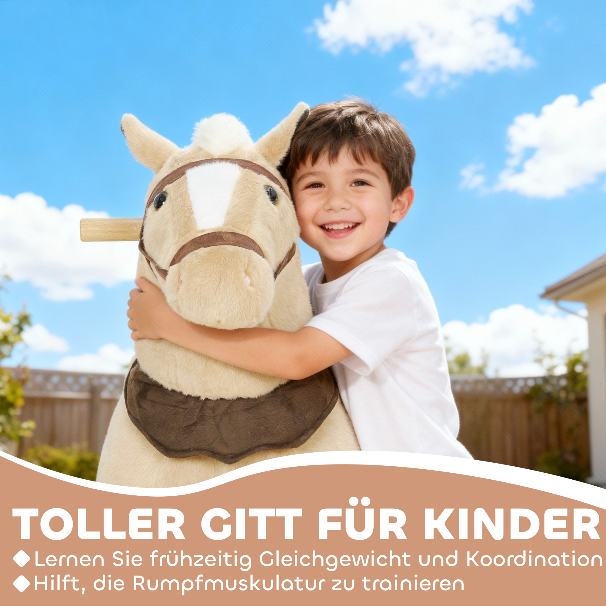 Reitpferd für Kinder, Stoffbezug, stabiler Rahmen, sanfte Räder, Schaukelpferd, 3-5 Jahre, Braun
