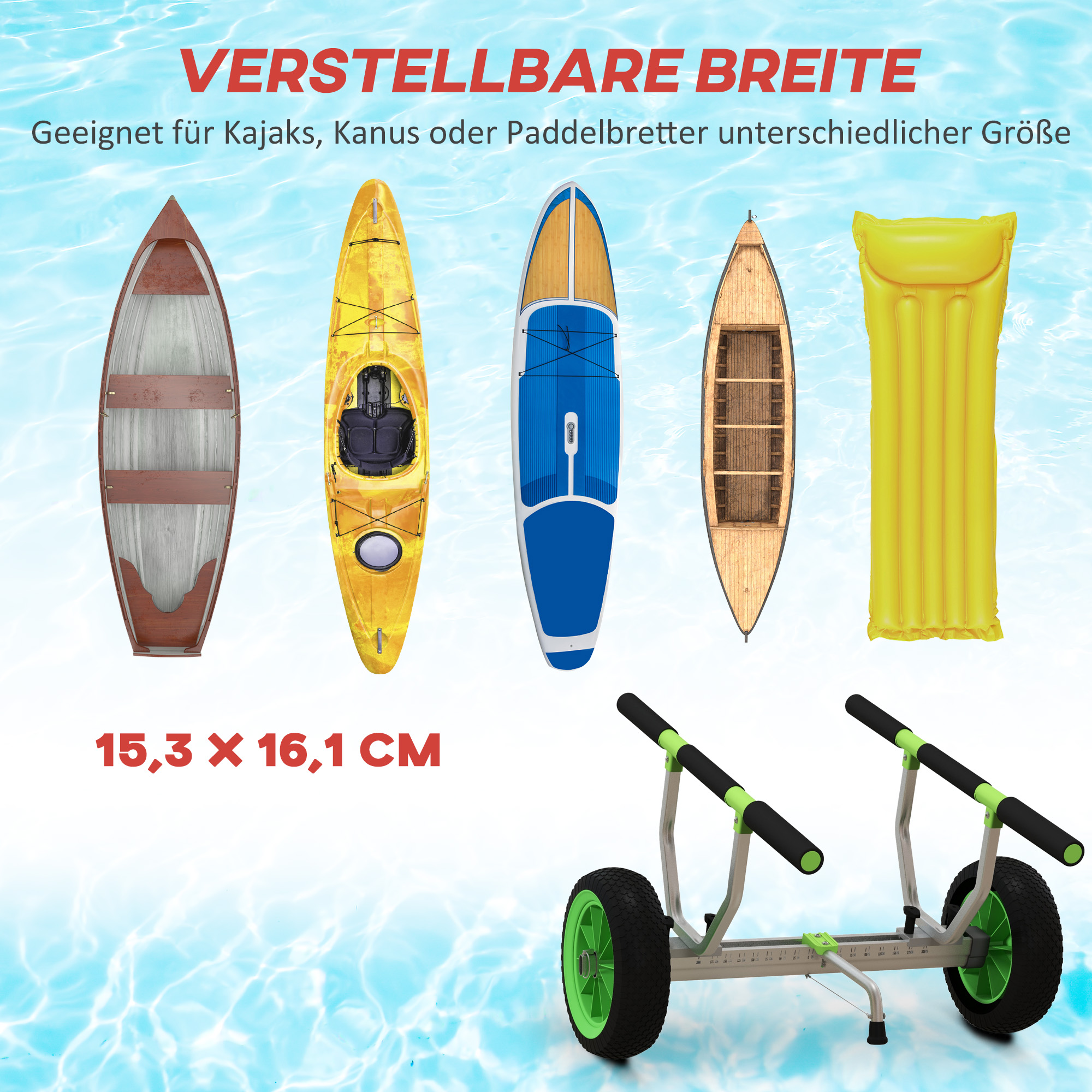 Bootswagen, verstellbare Breite, bis 100 kg belastbar, Aluminium, schwarz+grün, 79 x 72,5 x 42 cm