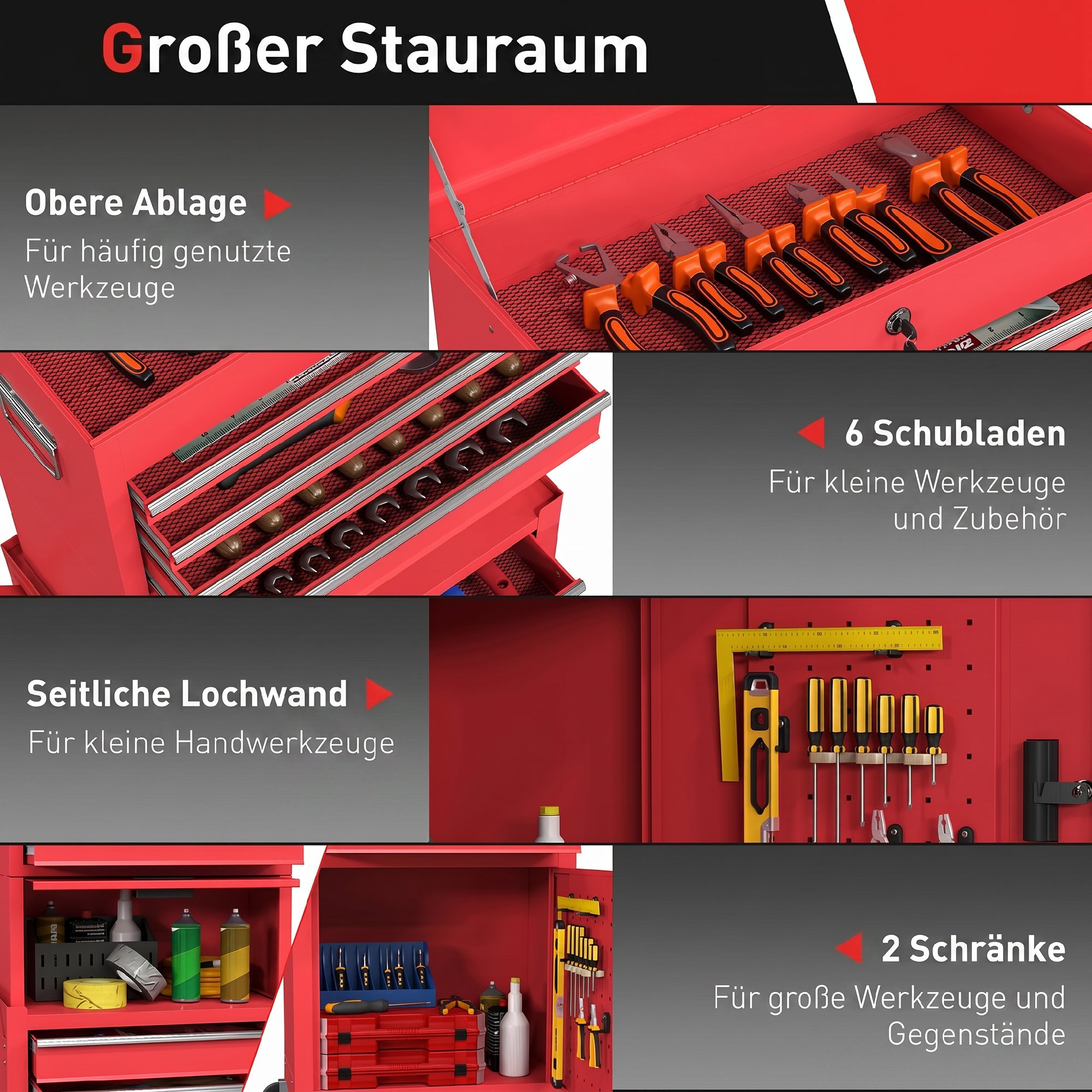 rollbarer Werkzeugschrank, 6 Schubladen, 2 Schränke, Stahl, verschließbar, Rot