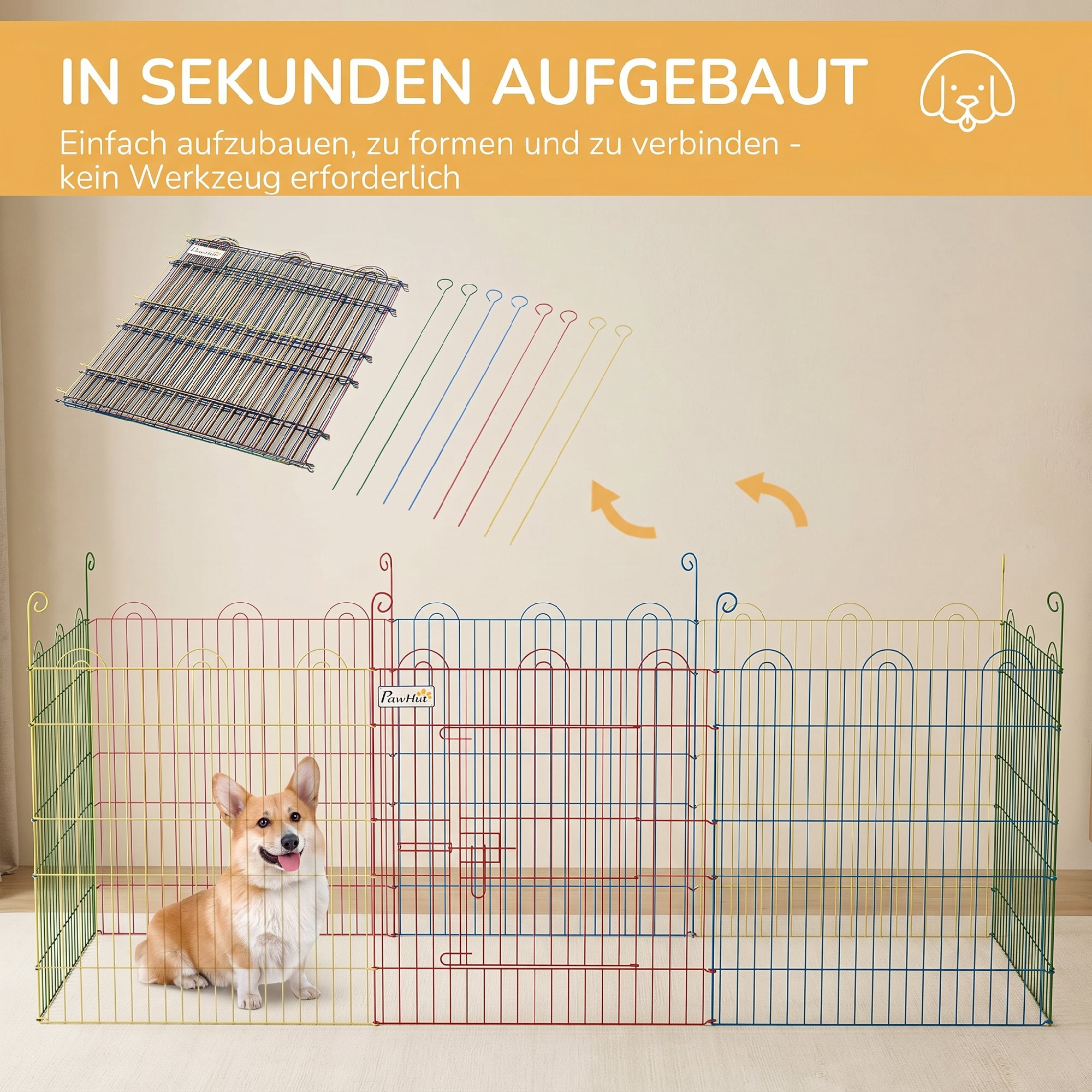 Freilaufgehege, Welpenauslauf, modulares Design, verriegelbar, Stahl, Ø156x60H cm, Bunt