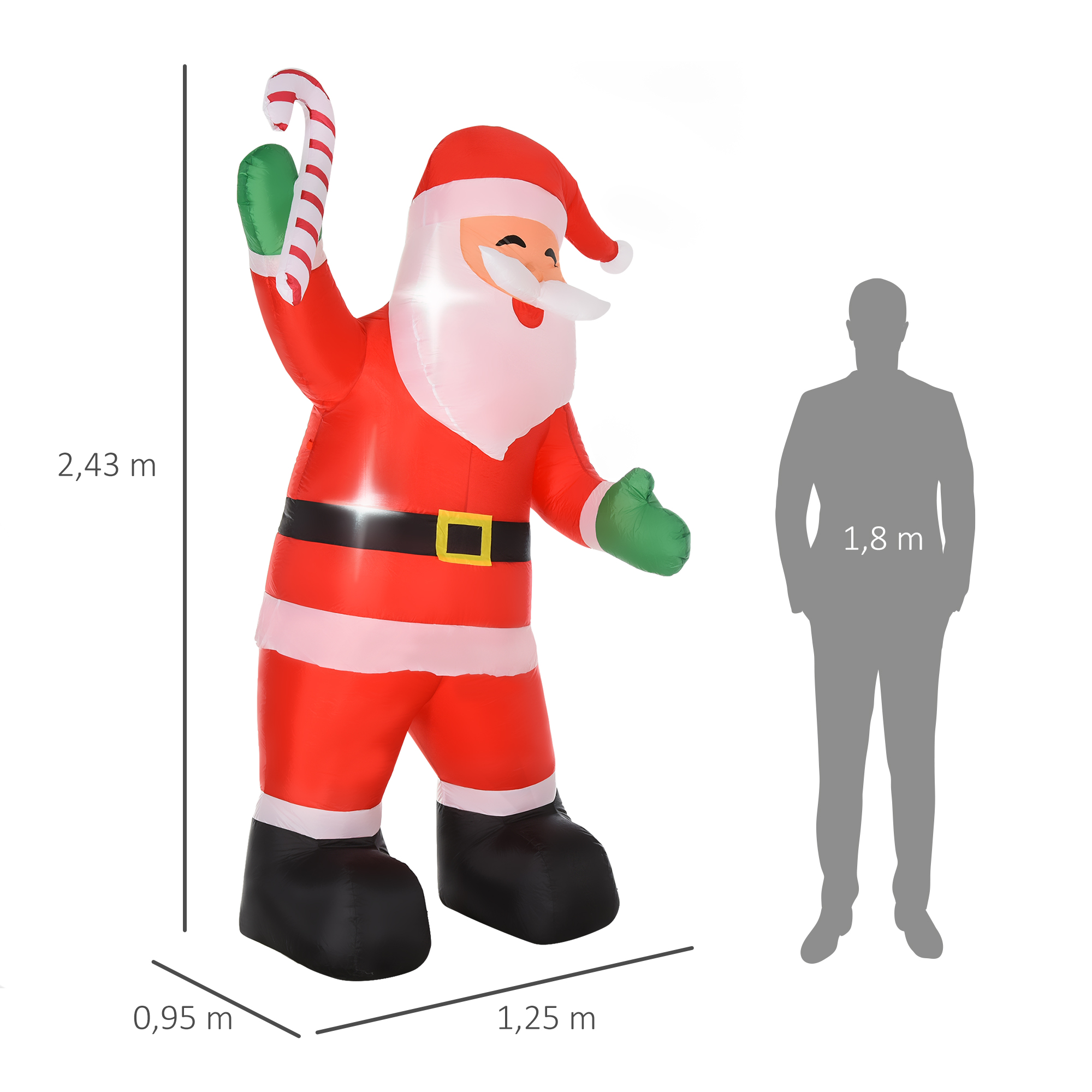 Aufblasbar Weihnachtsdeko, 2,4 m Weihnachtsmann mit LED-Beleuchtung, Zuckerstange für Innen- und Außenbereich