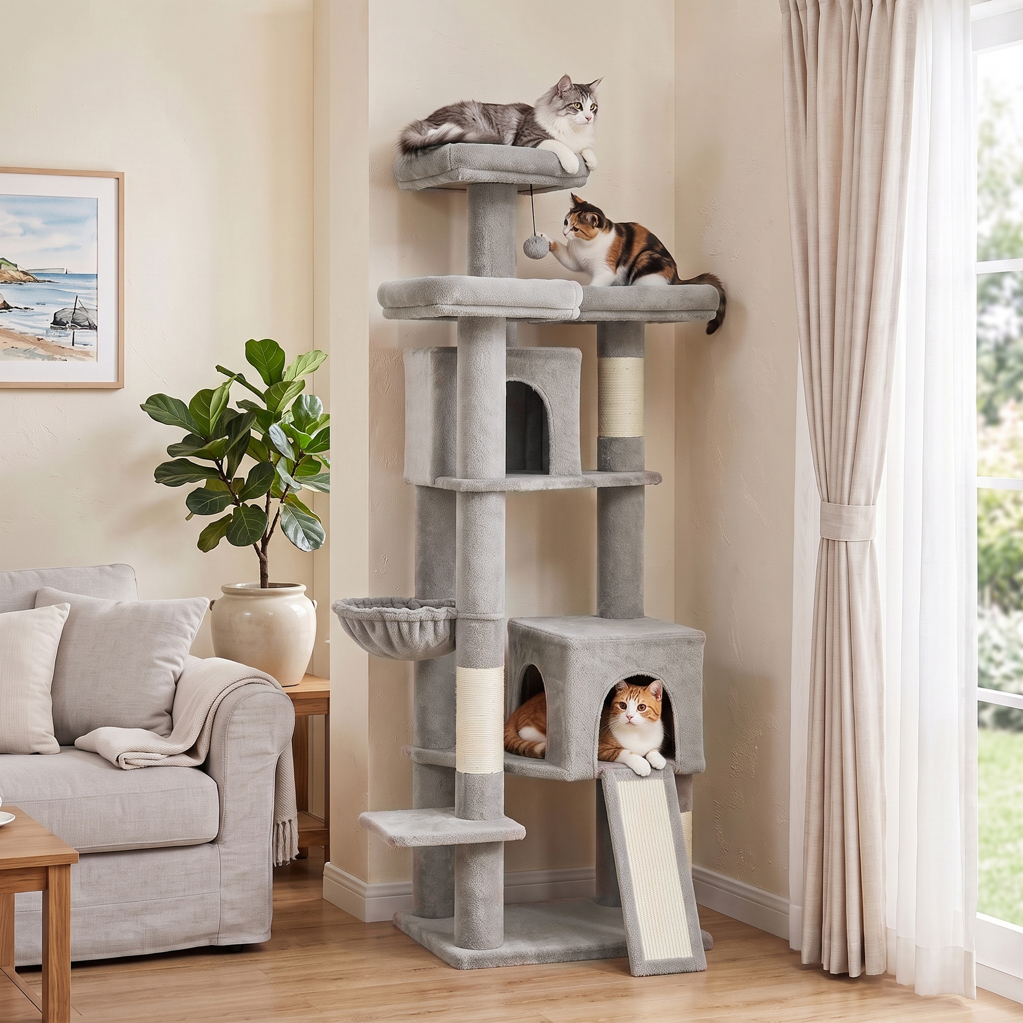 Kratzbaum Groß 184 cm hoch Katzenbaum mit 3 Kratzstämmen Liegeflächen Spielball Hängematte Leiter, Katzen unter 6 kg