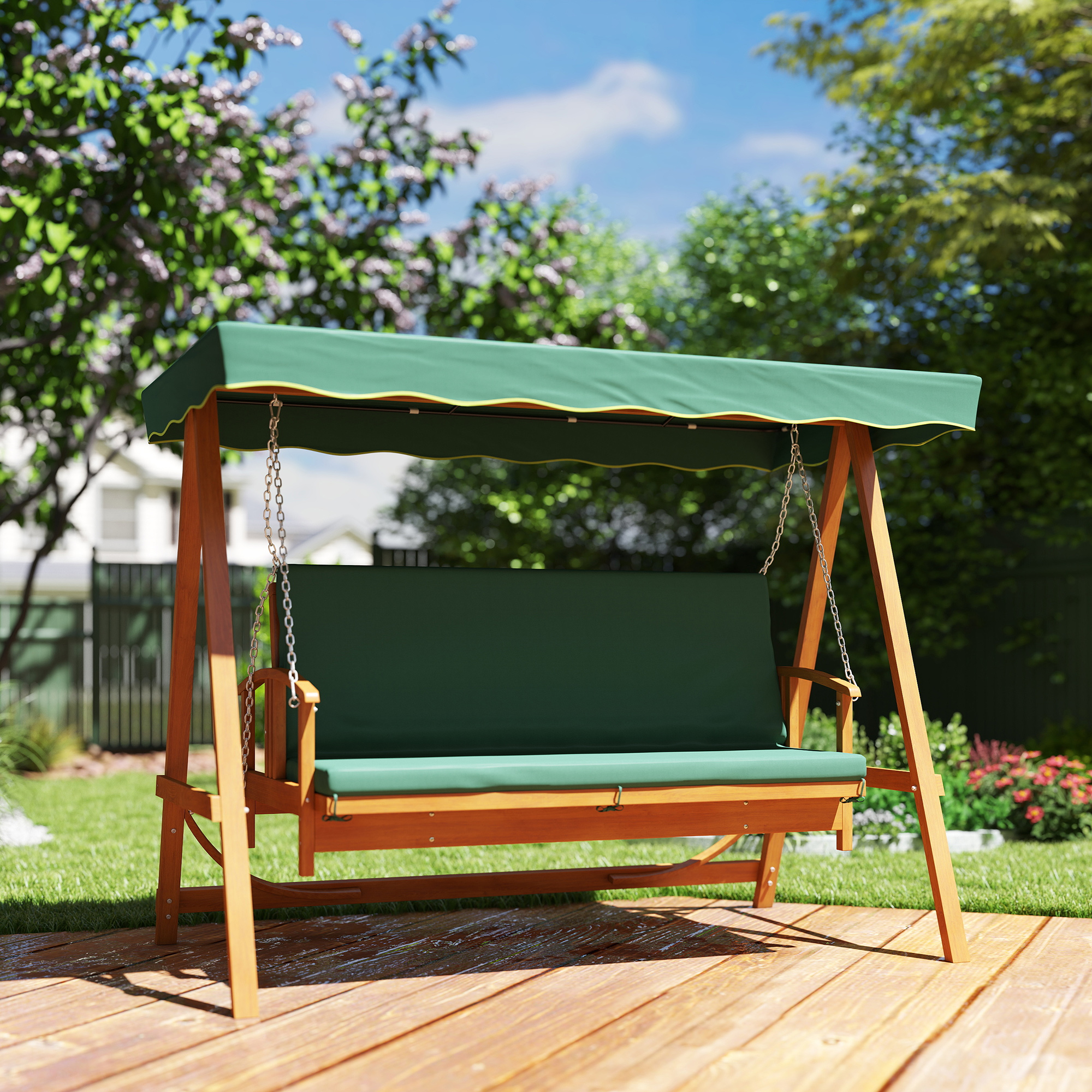 Hollywoodschaukel mit Liegefunktion, Gartenschaukel aus Holz, 3-Sitzer, für Garten, Terrasse, Dunkelgrün