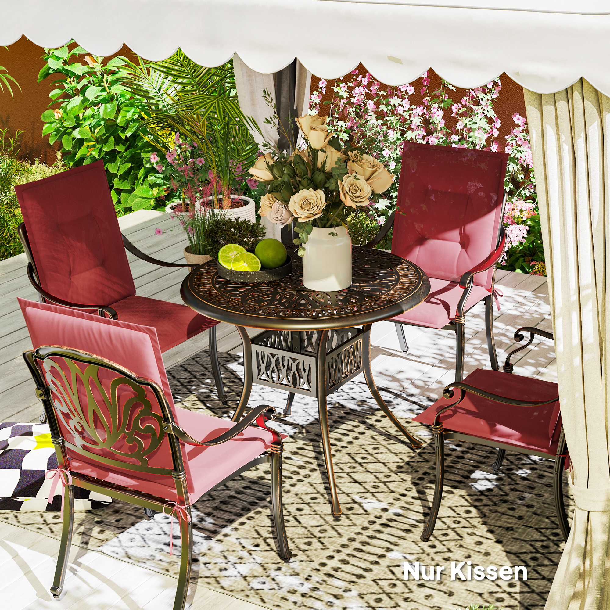 4er Set Sitzkissen 108 x 50 x 5 cm Stuhlkissen mit Bändern, Outdoor Indoor Sitzauflage Weinrot