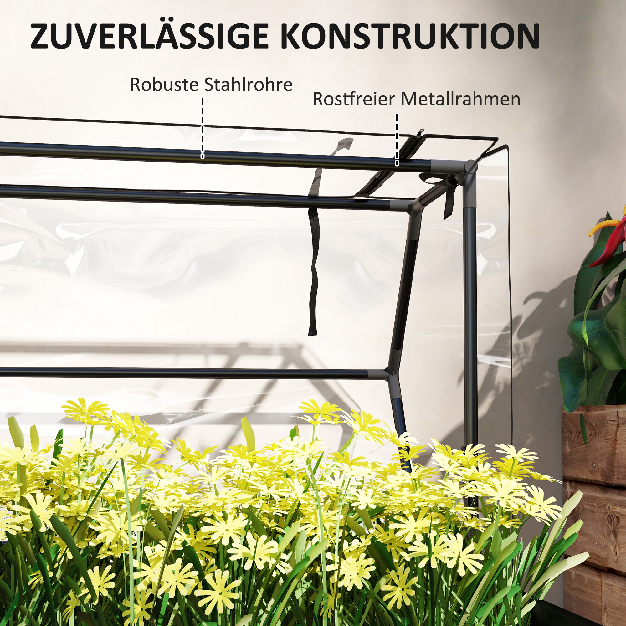 Hochbeet mit Gewächshaus-Dach, erhöhte Pflanzenbox mit Ablauflöchern, 100 x 48 x 124 cm, Schwarz