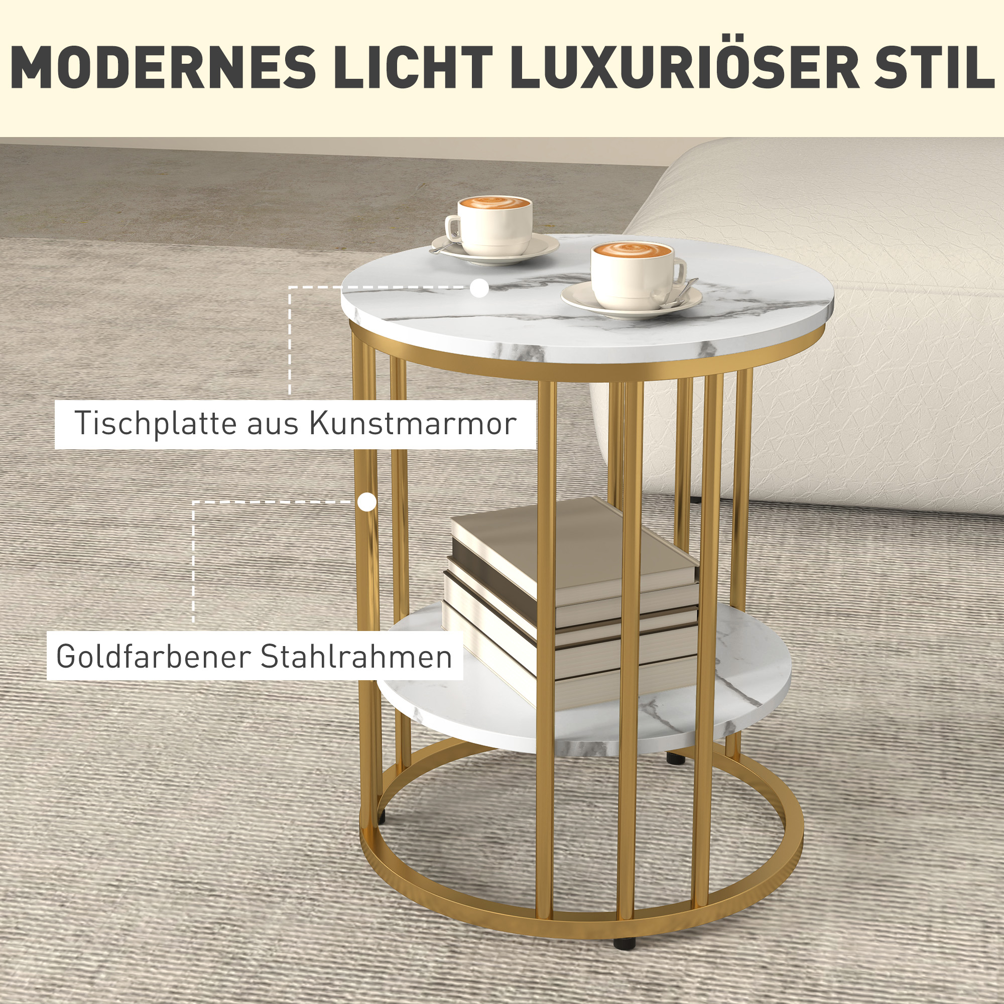 Runder Beistelltisch im 2er-Set, Couchtische in Marmoroptik mit offenem Stauraum und Metallrahmen