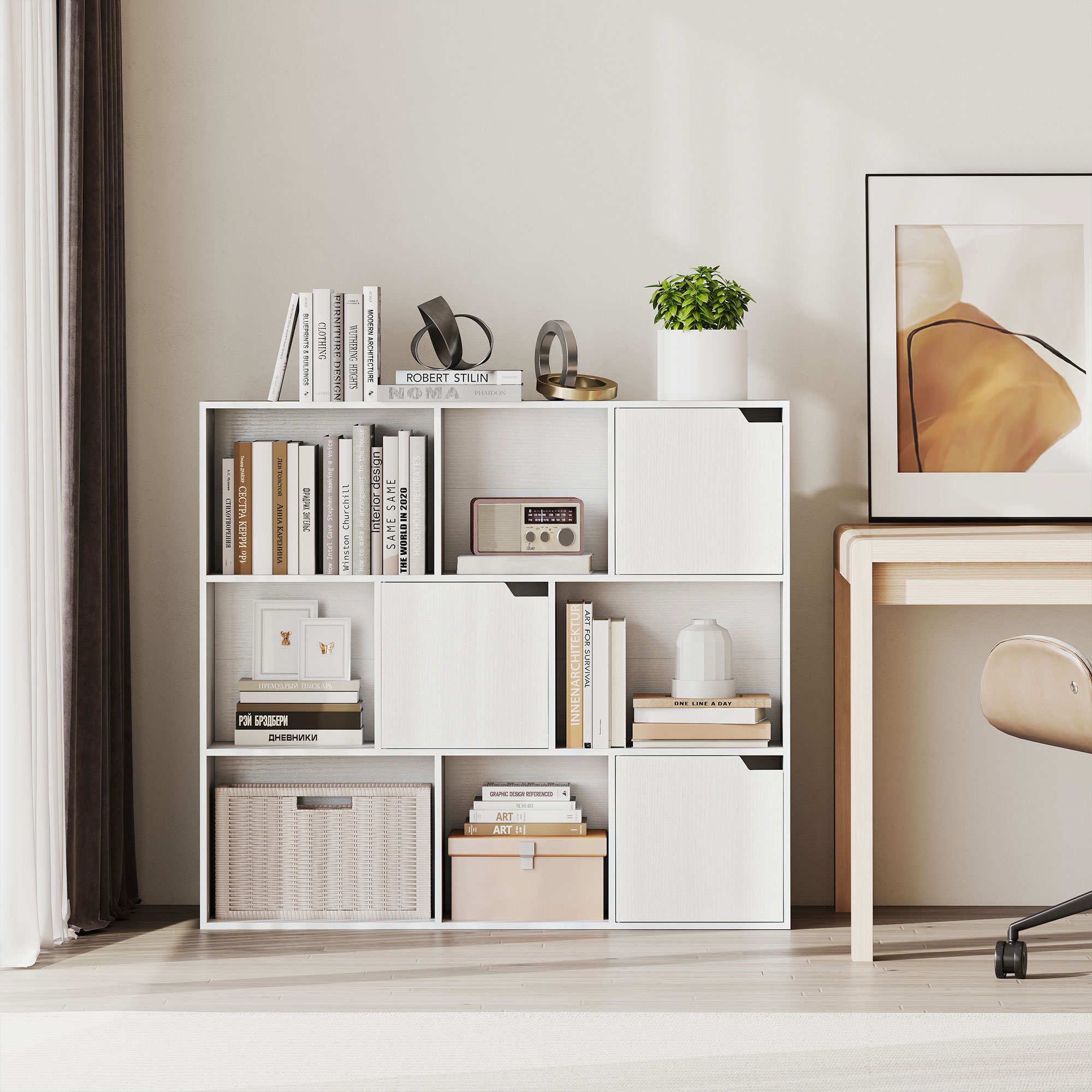 Bücherregal, 9 Würfelfächer, 3 Türen, 6 offene Regale, für Wohnzimmer, Schlafzimmer, Spanplatte, Weiß